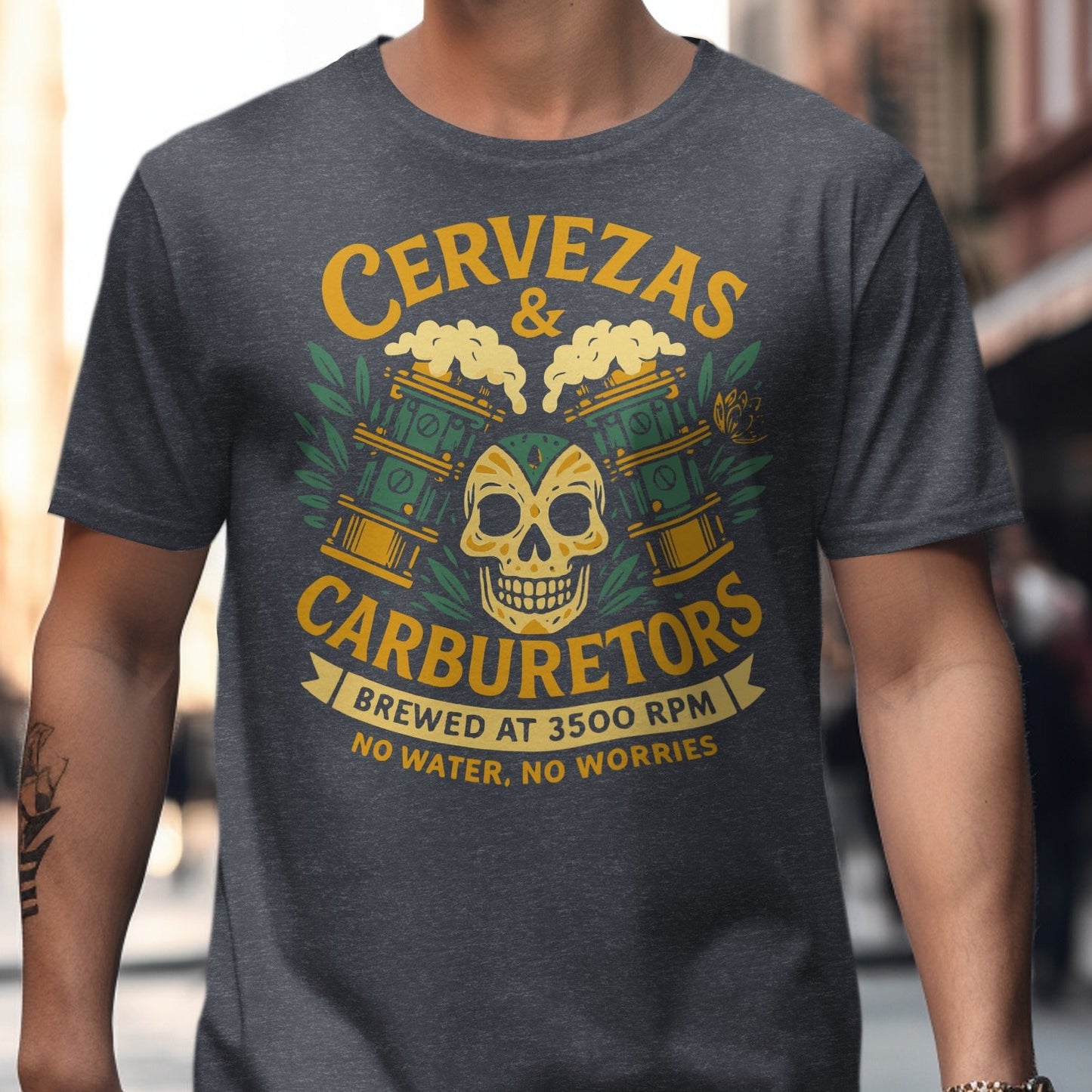 Cervezas and Carburetors Graphic Skull T-Shirt product