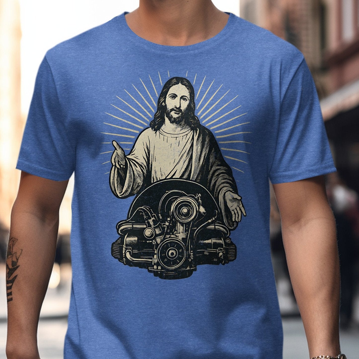 Jesus With Engine Illustration Blue T-shirt product