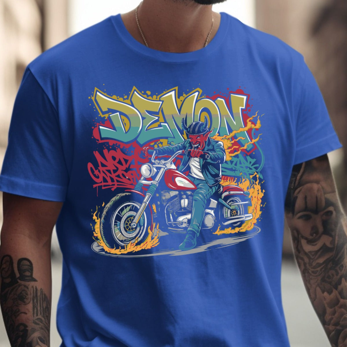 Demon Motorcycle Rider Graphic Print T-Shirt product