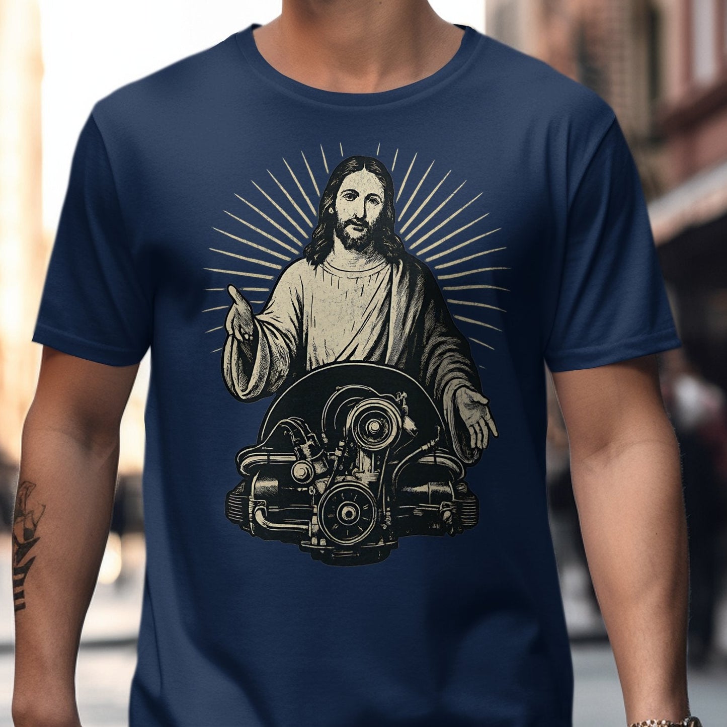 Jesus Holding Engine Graphic Design T-shirt product type