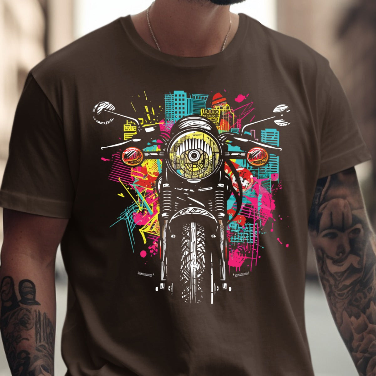 Vibrant Urban Motorcycle Fan Art Graphic T-shirt product type