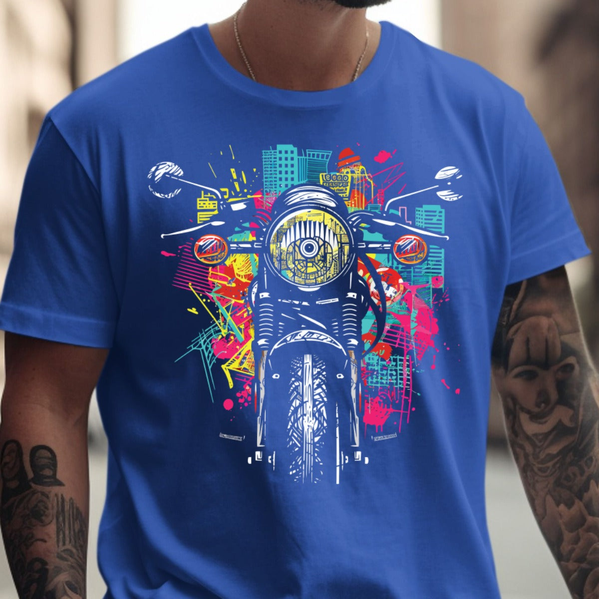 Colorful Cityscape Motorcycle Graphic T-shirt product