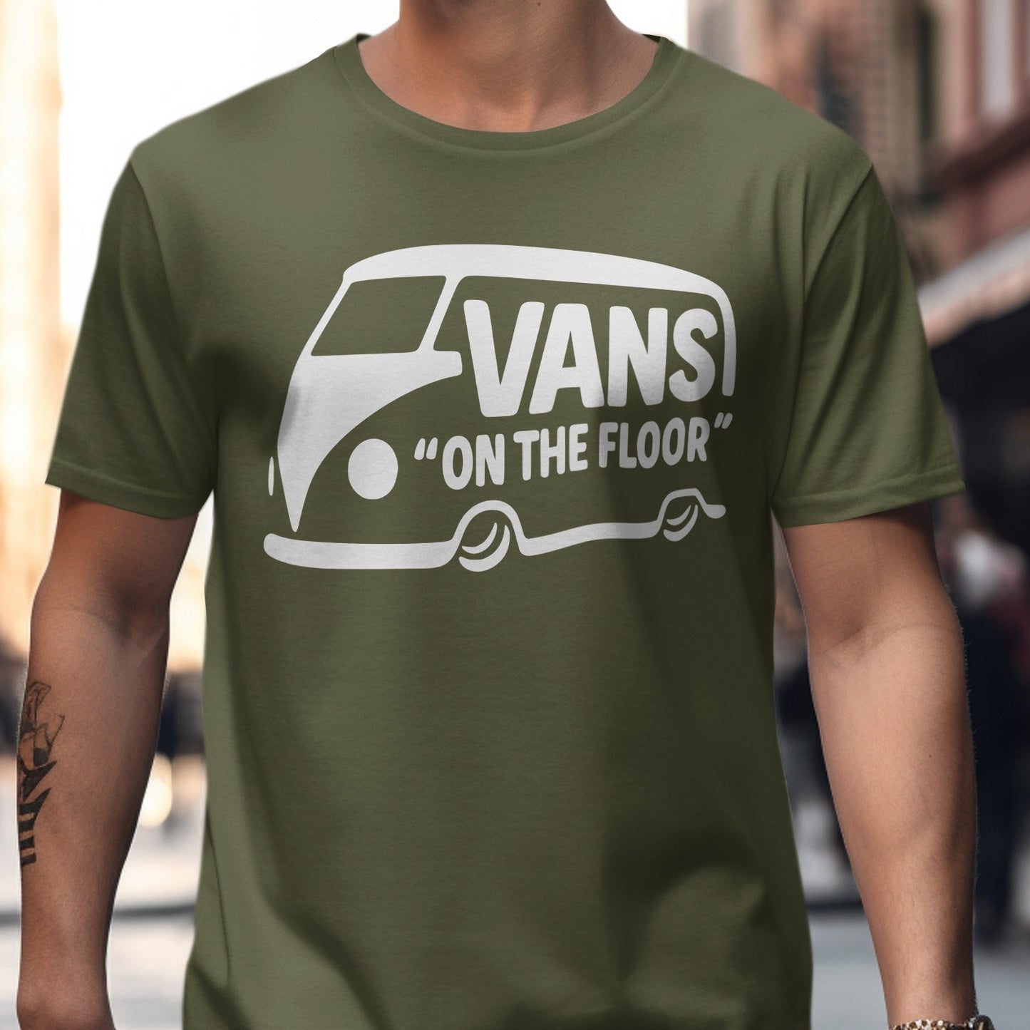 Classic Green T-Shirt with Vans on the Floor product type