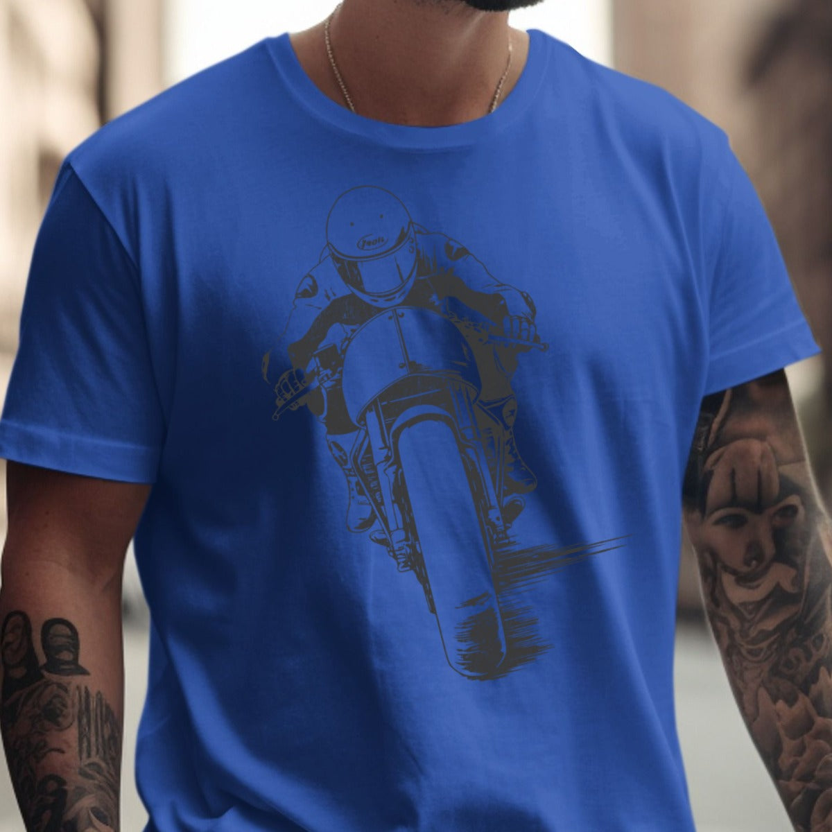 Blue T-shirt with Motorcycle Graphic Design product type