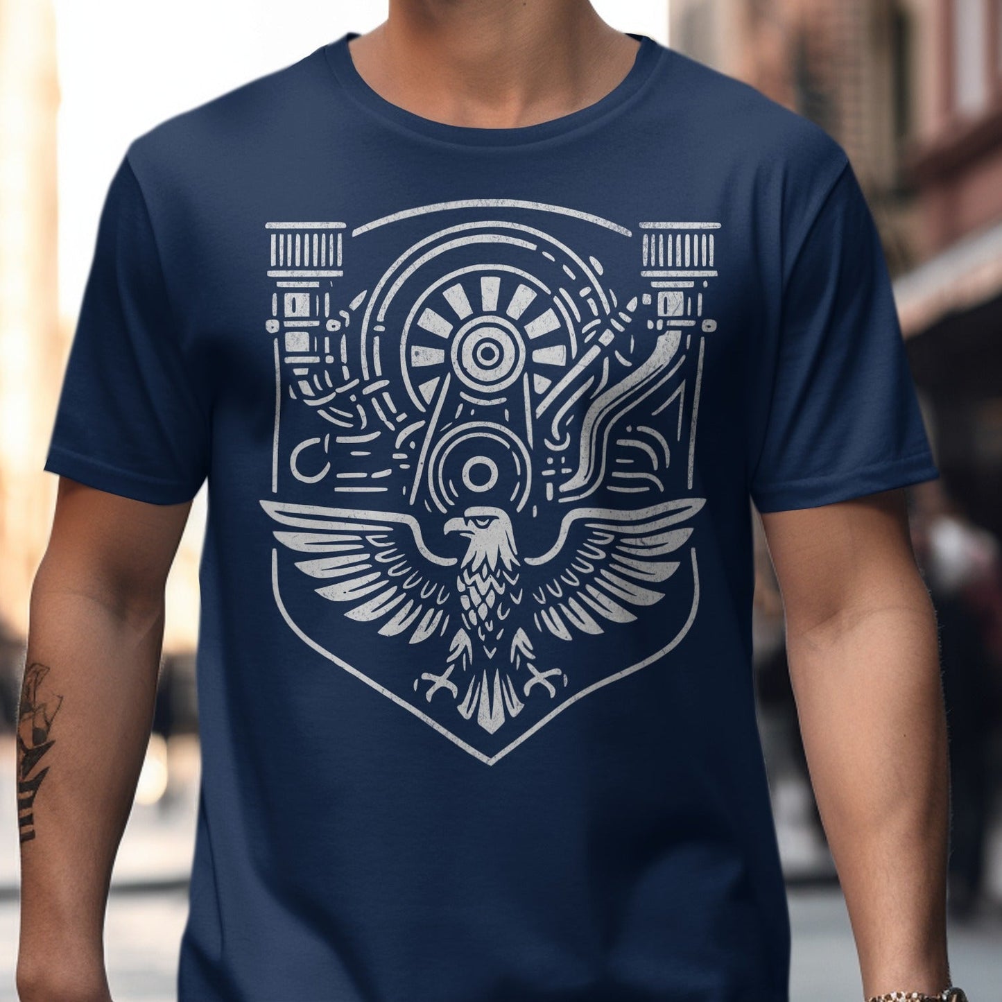 Engine and Eagle Design Blue Graphic T-Shirt product