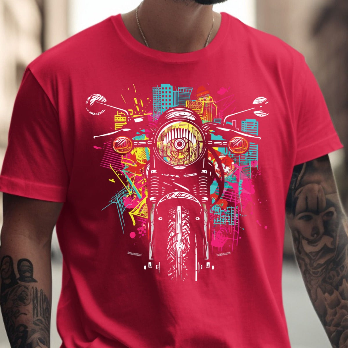 Vibrant Motorcycle Street Art Graphic Tee product