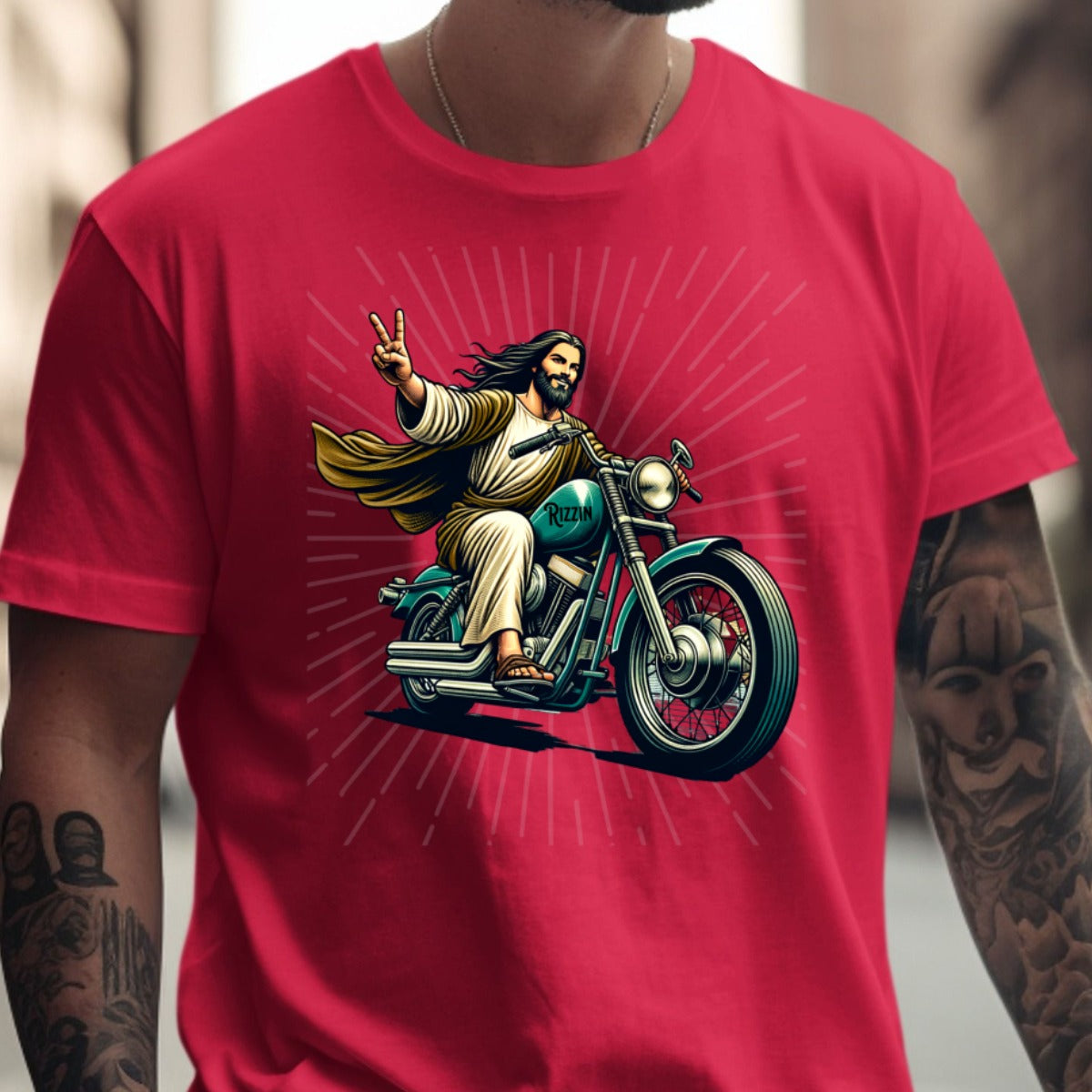 Jesus Riding a Motorbike Graphic T-shirt product