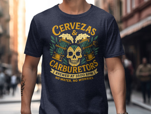 Cervezas and Carburetors Graphic Print T-shirt product
