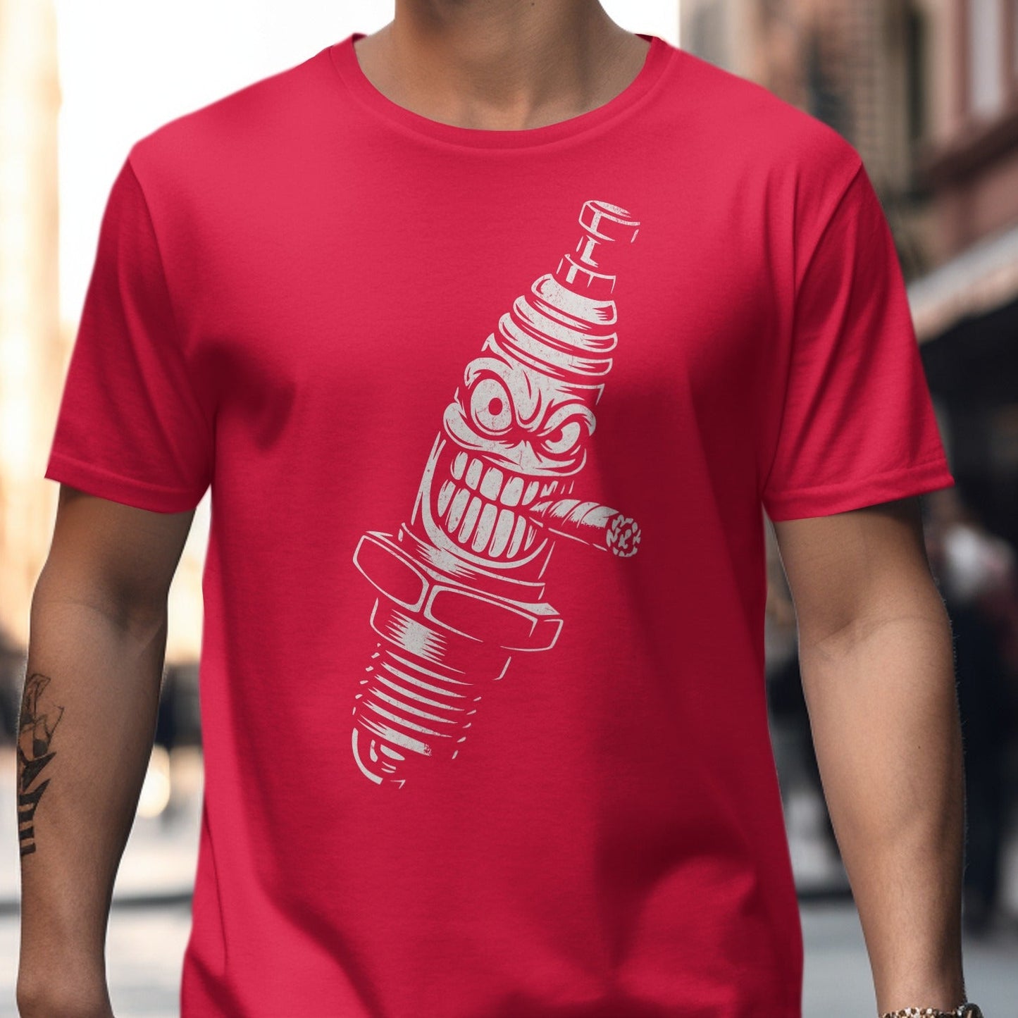 Red Bold Spark Plug Character Graphic T-shirt product type