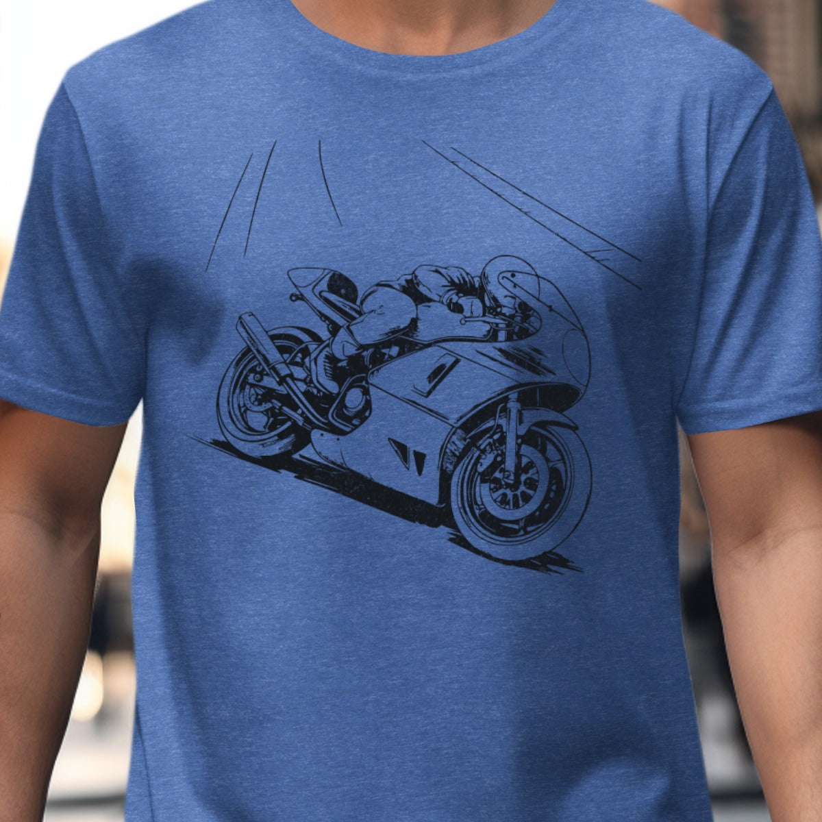 Blue Shirt with Motorcycle Racing Graphic product type