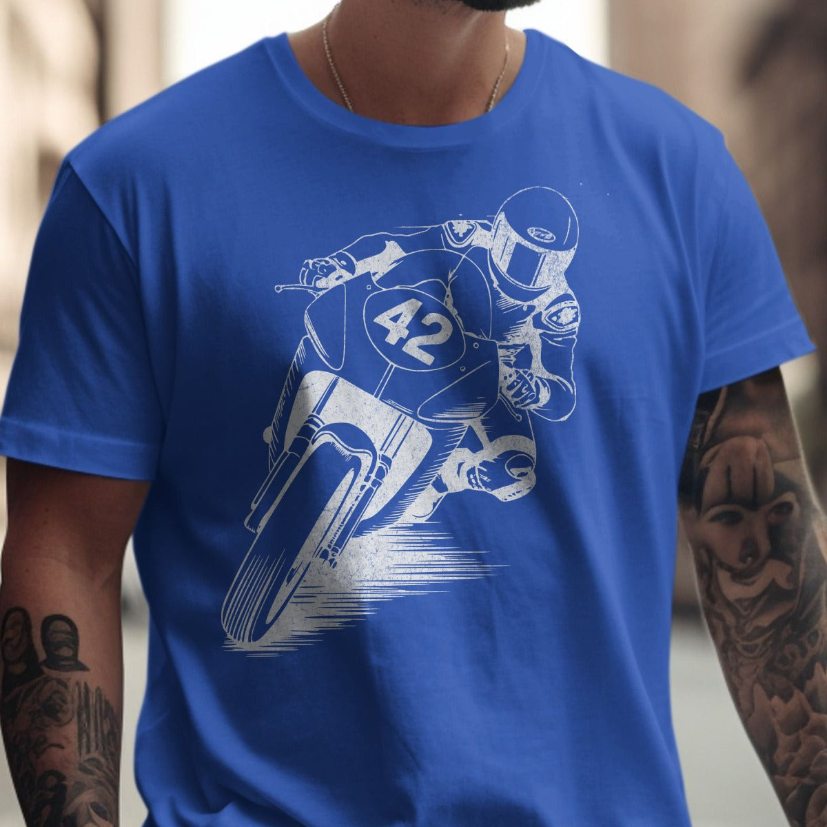 Blue T-shirt with Motorcycle Graphic Design product type