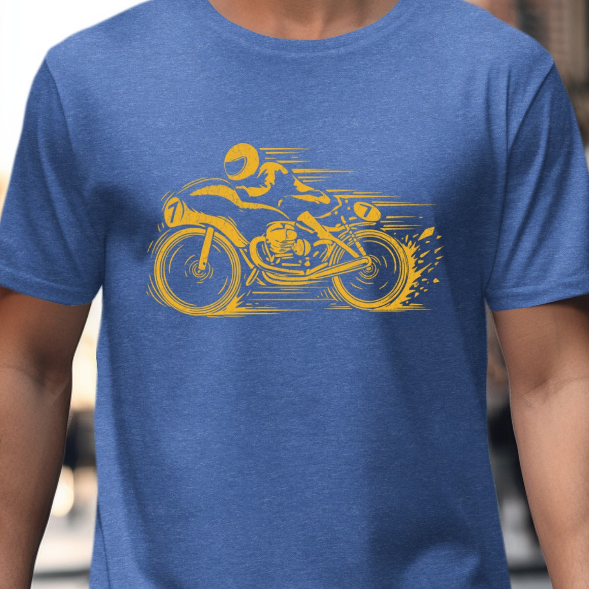Blue T-Shirt Featuring Yellow Motorcycle Graphic product