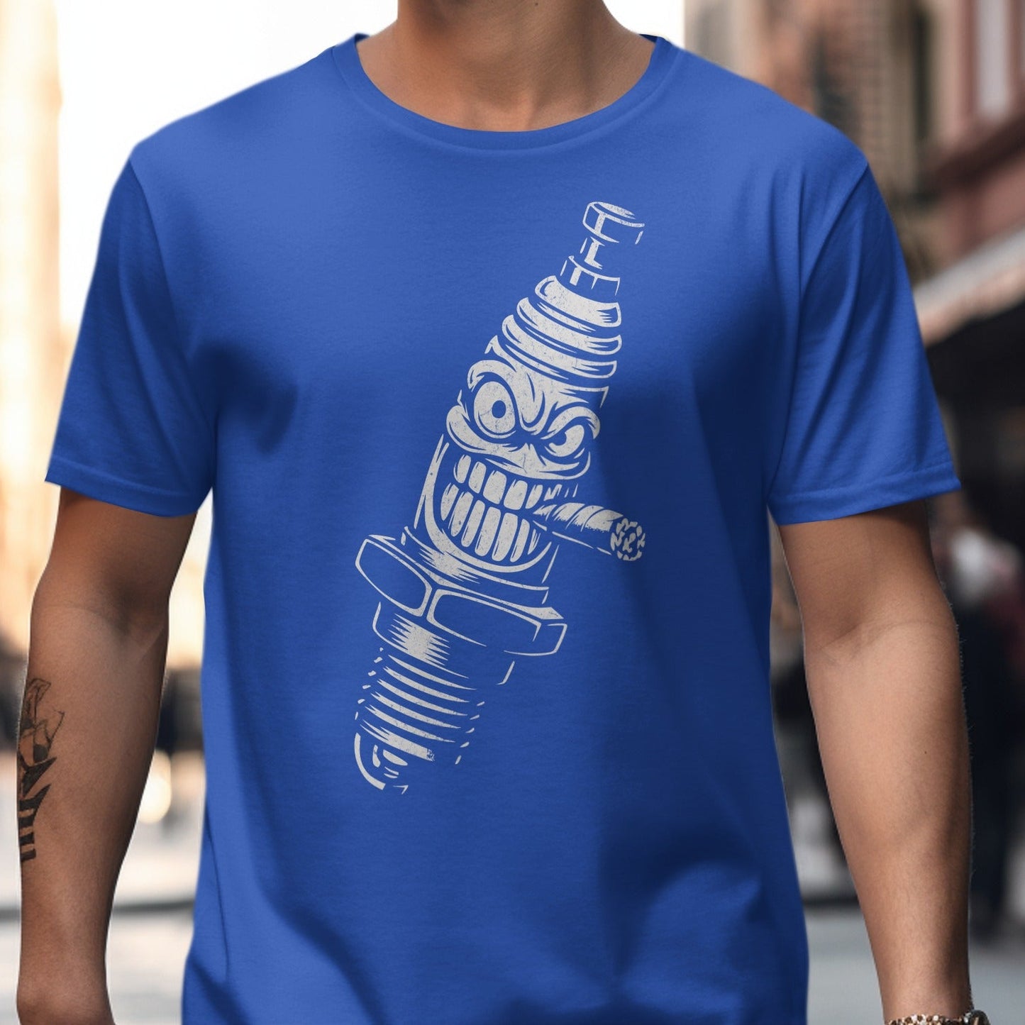 Blue Shirt with Spark Plug Design Graphic product type