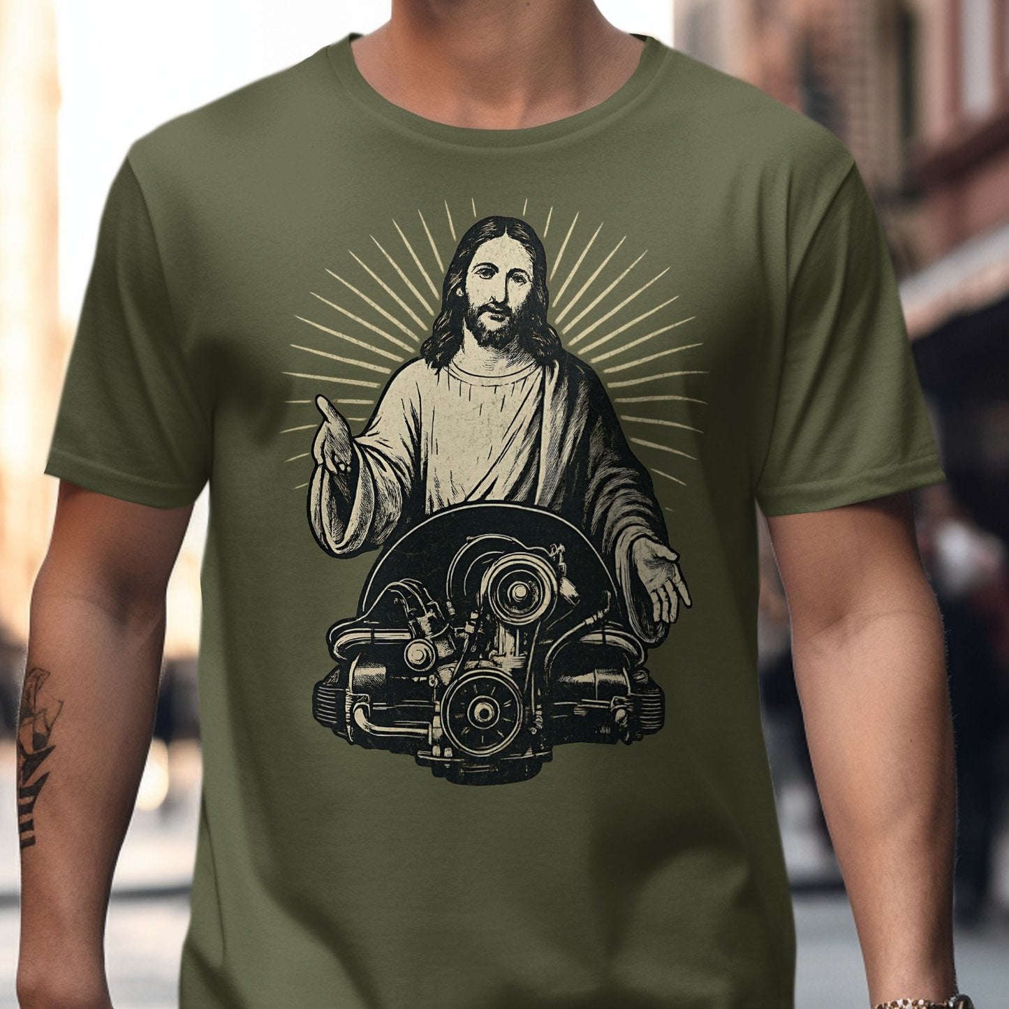 Jesus with Engine Design Graphic T-shirt product type