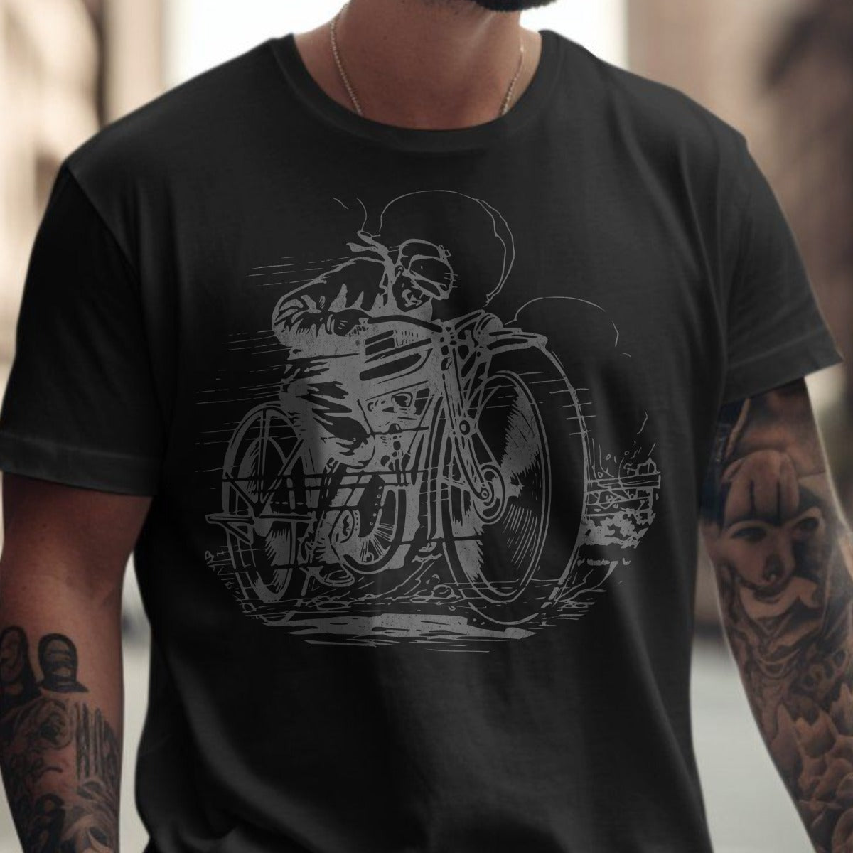 Stylish Black T-Shirt with Retro Motorcycle Artwork