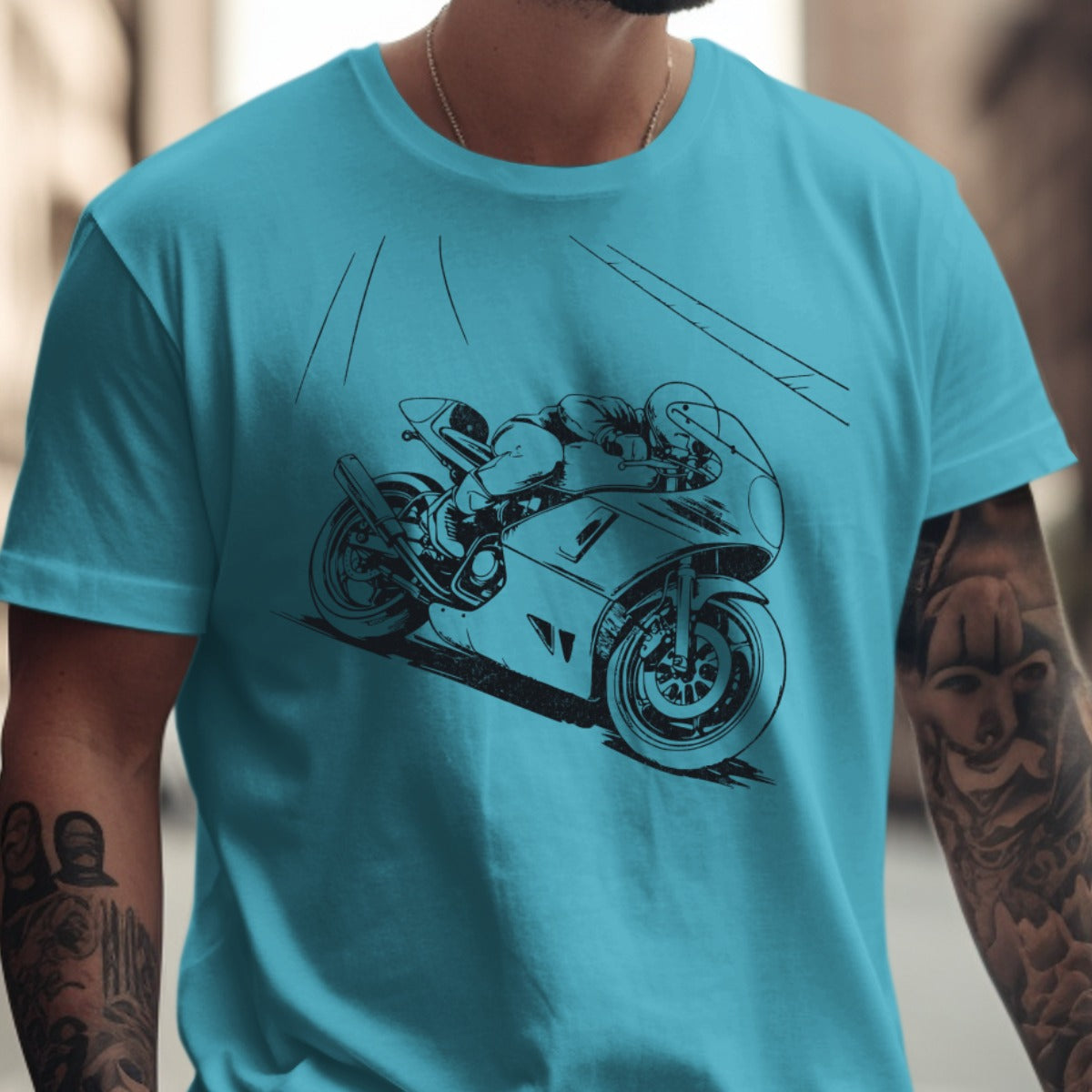 Motorcycle Rider Art on Light Blue Men's T-shirt product