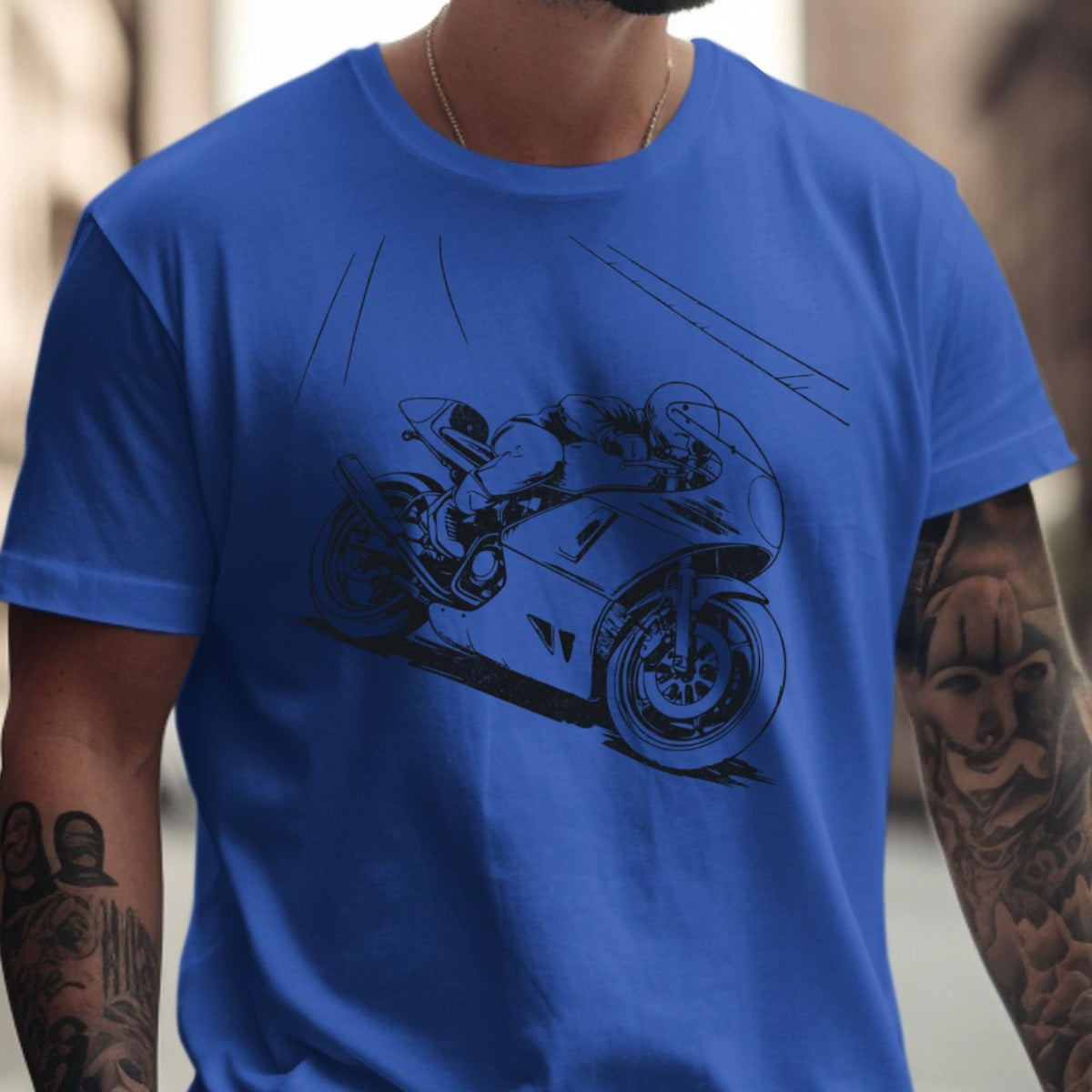 Bold Blue Motorcycle Illustration T-Shirt product