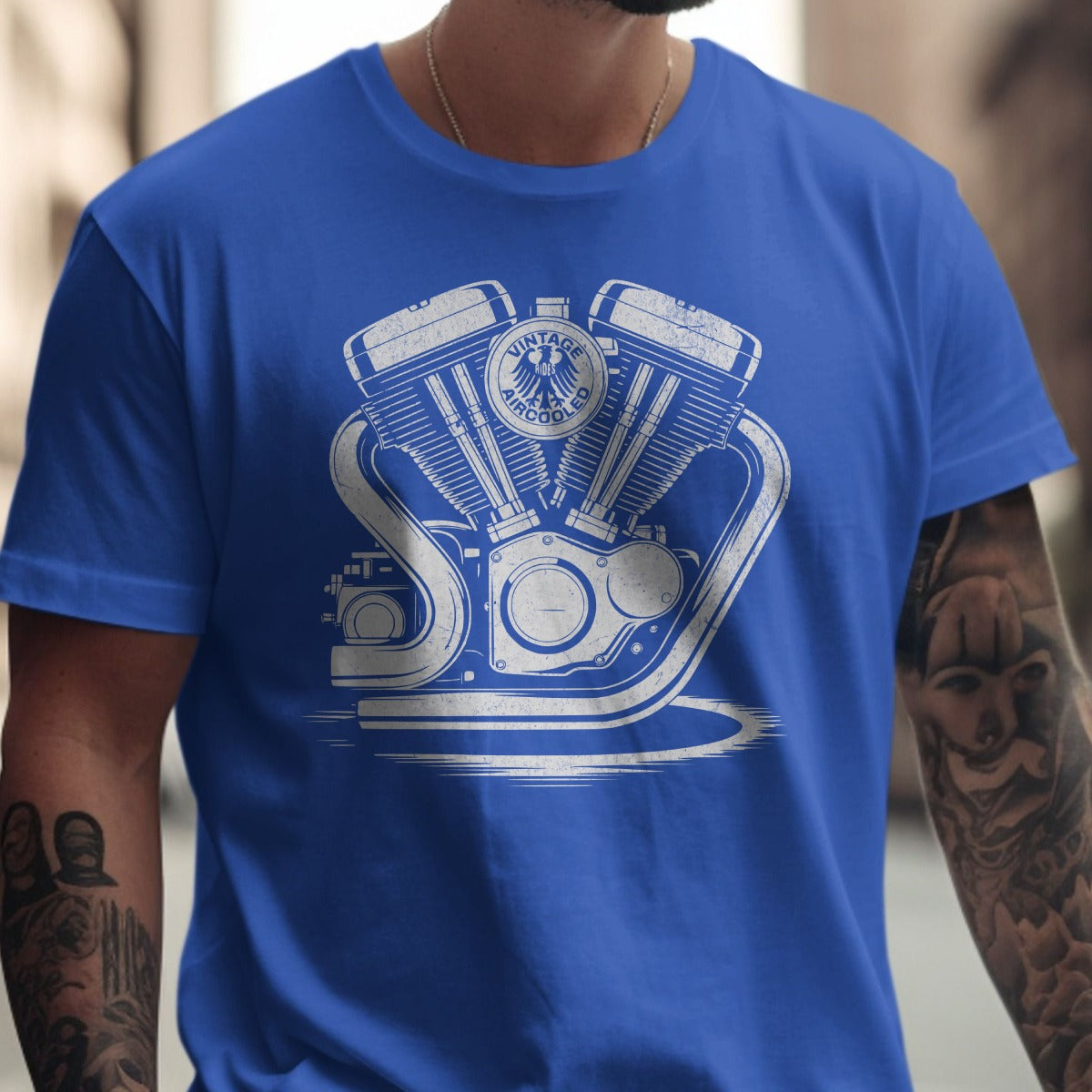 Vintage Motorcycle Engine Graphic Blue T-Shirt product type