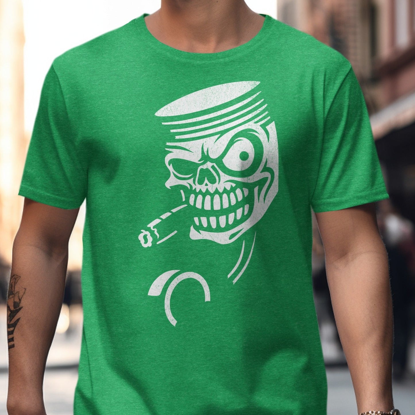 Green Tee with Skeleton Smoking Design Shirt product type