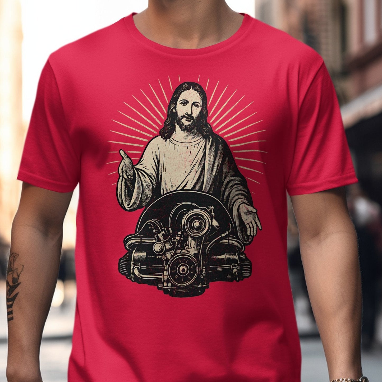 Jesus with Engine Graphic Red T-Shirt product