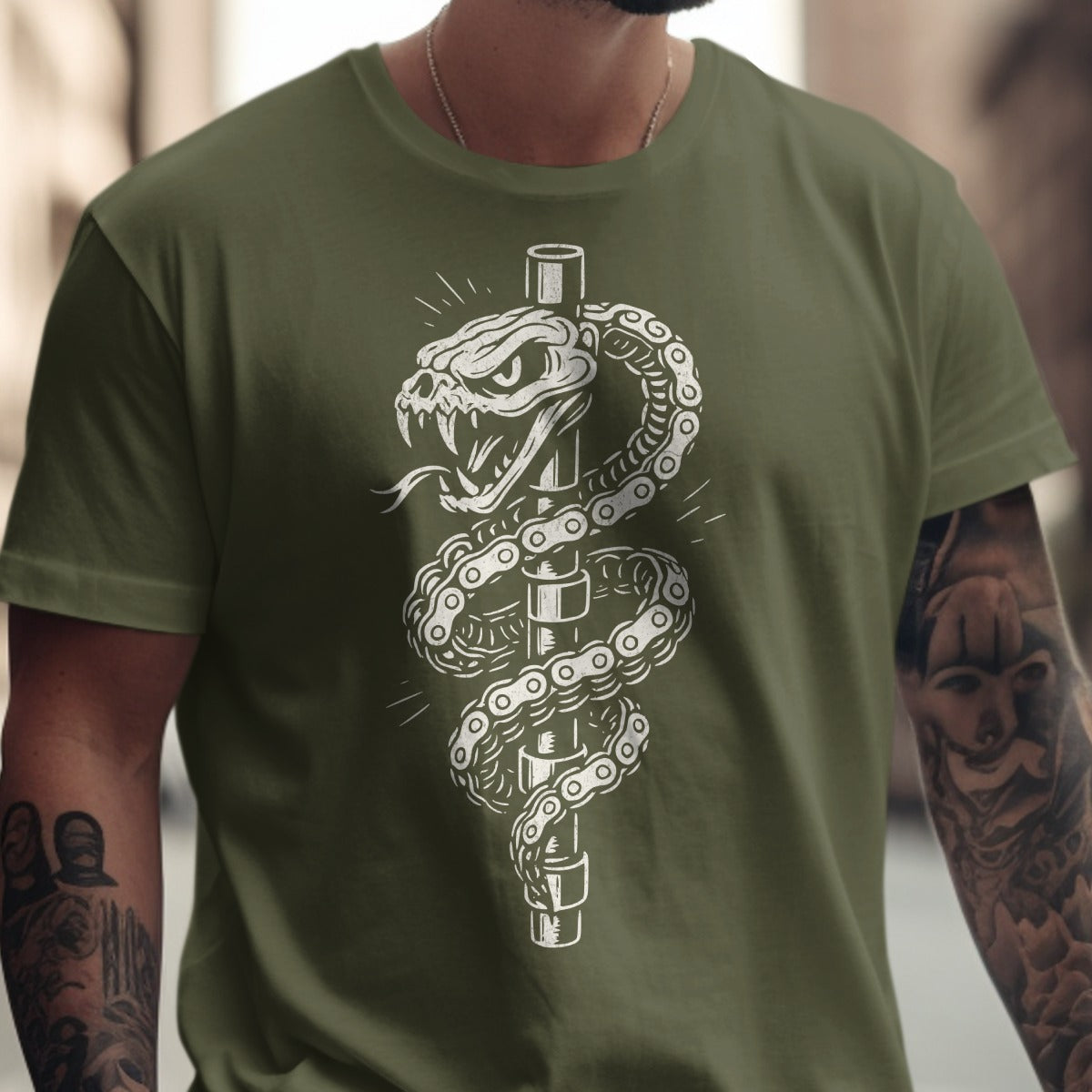 Snake Wrapped Chain Design on Green T-Shirt product type