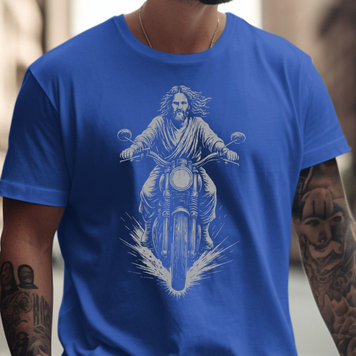 Jesus Riding Motorcycle Blue Graphic T-Shirt product type