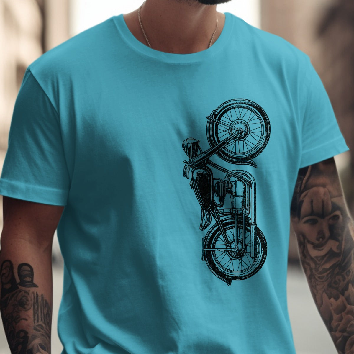 Vintage Motorcycle Graphic on Blue Shirt product type
