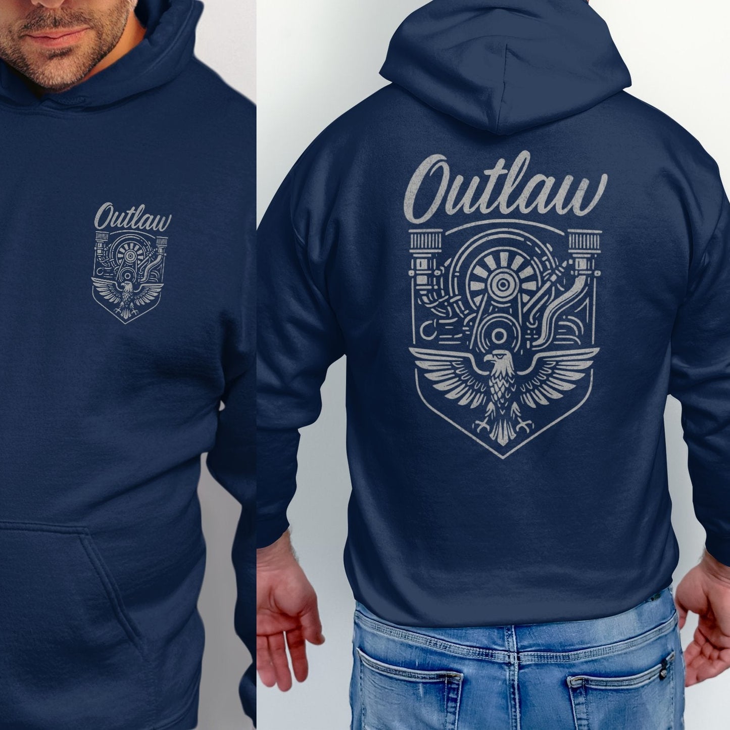 Outlaw Graphic Blue Hoodie Back and Front Design product type