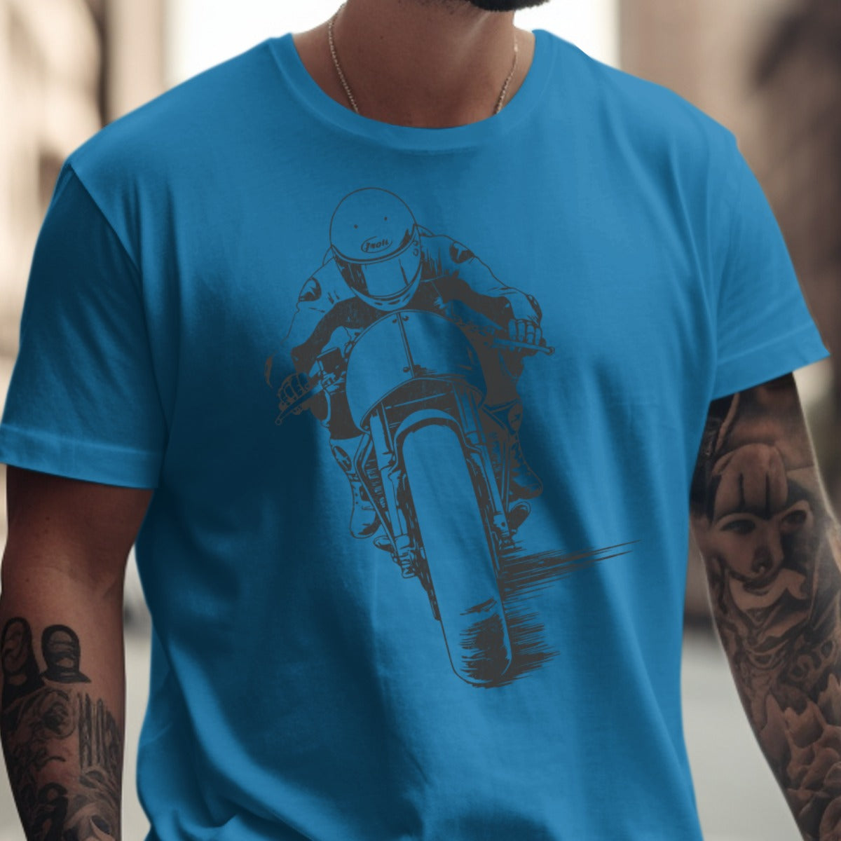 Blue Graphic Tee with Motorcycle Design product