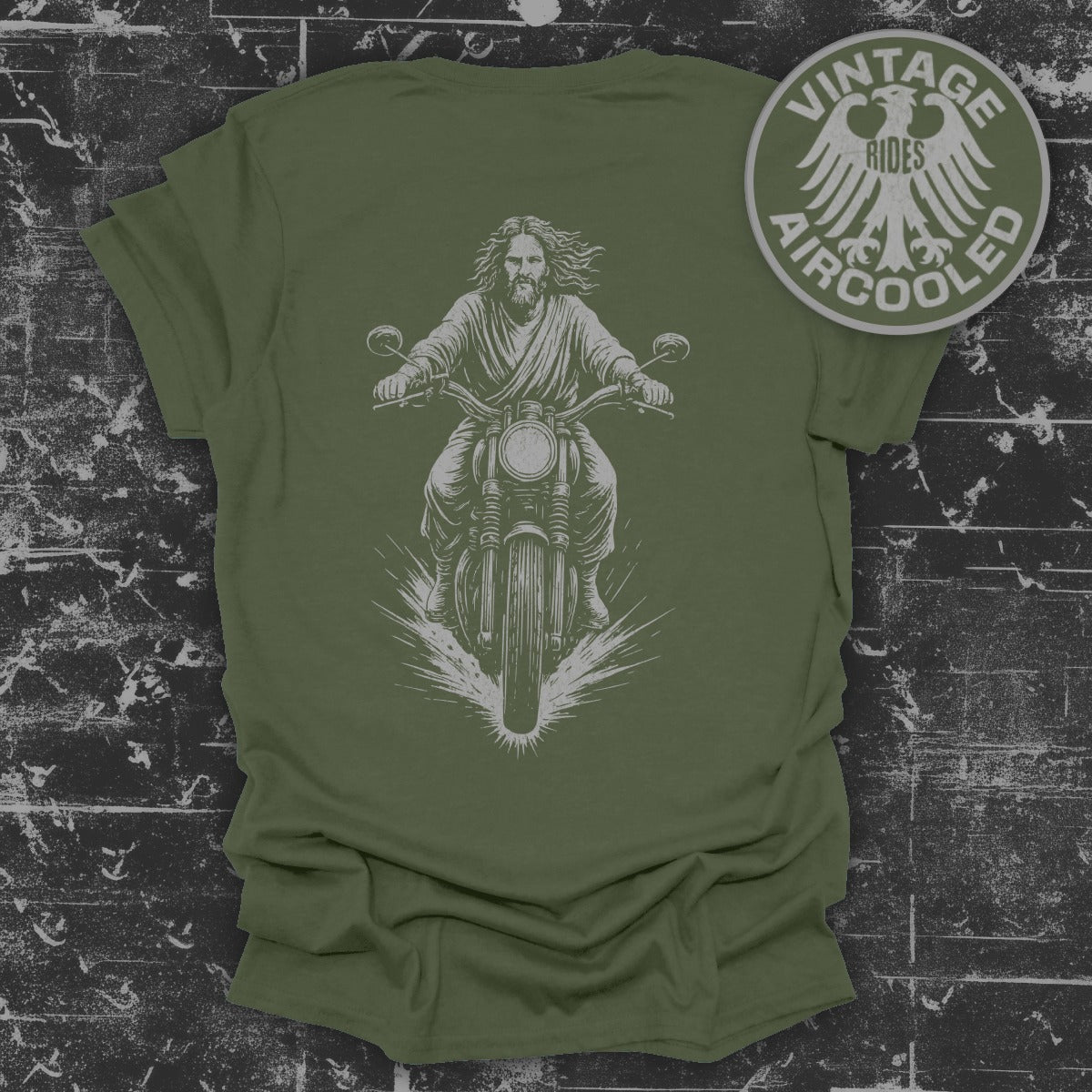Vintage Aircooled Jesus Riding Motorcycle product type
