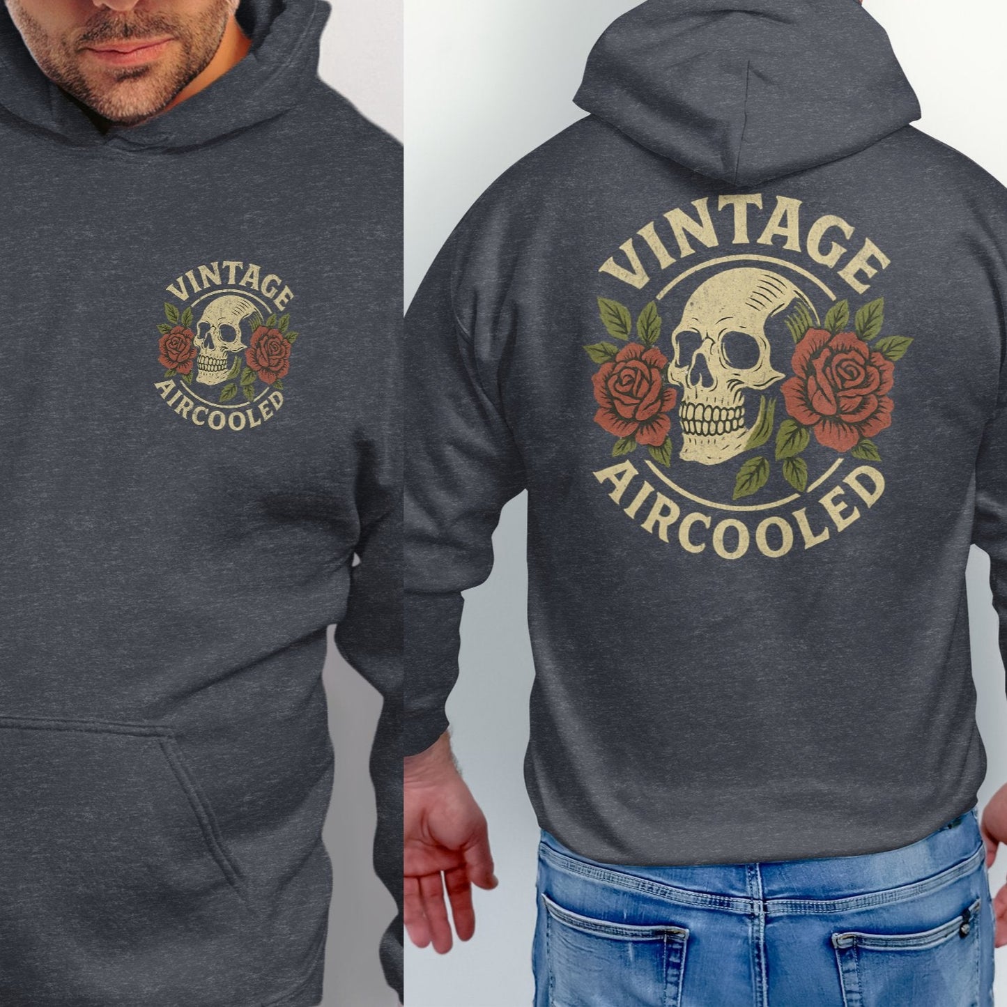 Vintage Aircooled Hoodie with Skull and Rose Design product type