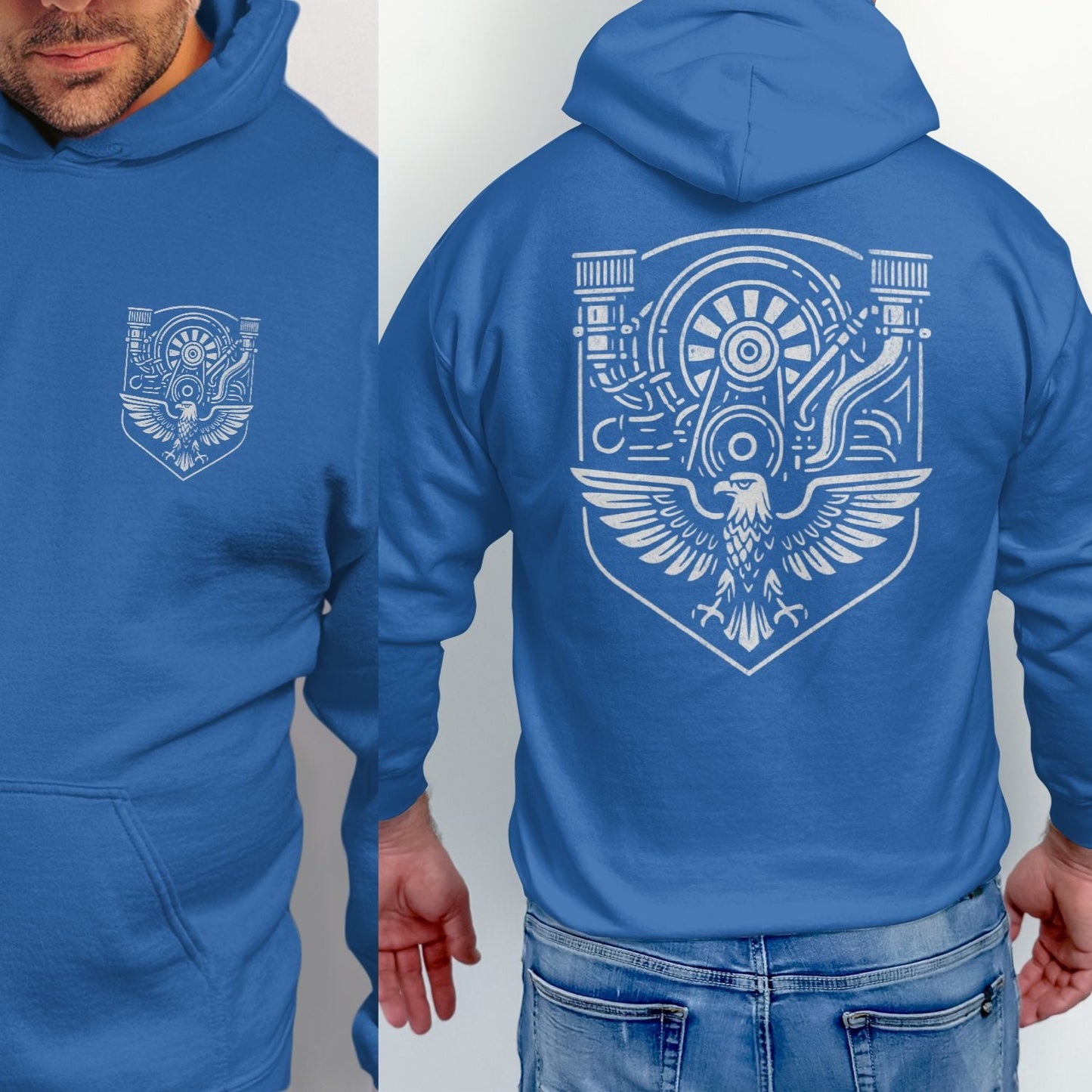 Blue Hoodie with Intricate Machinery and Eagle Design product