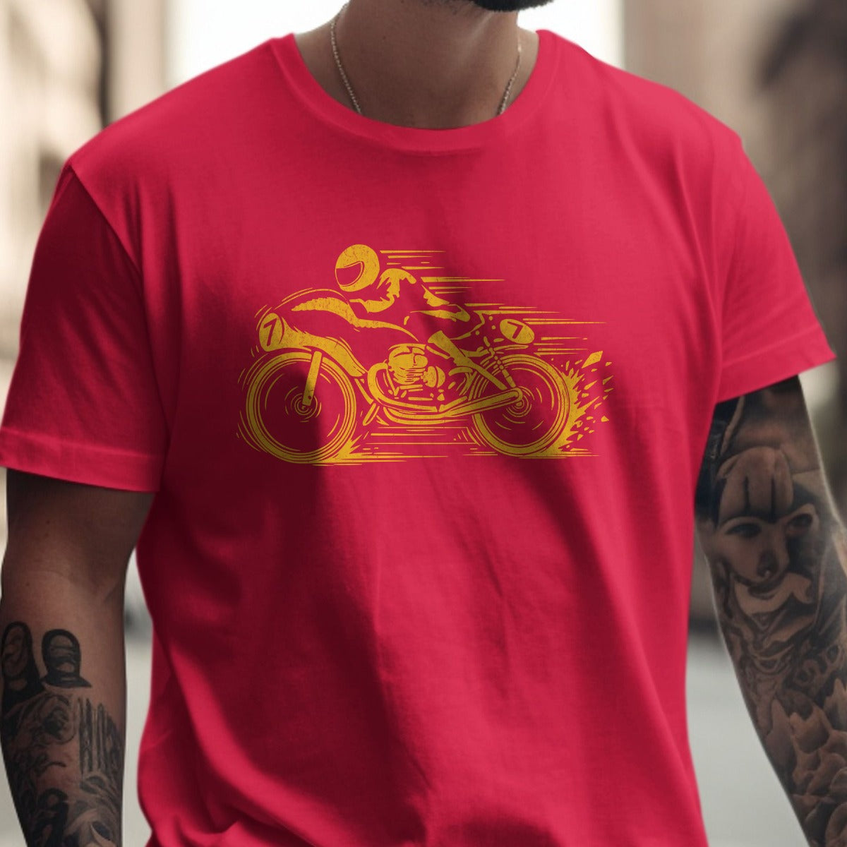 Bold red tee with vibrant yellow motorcycle print product type