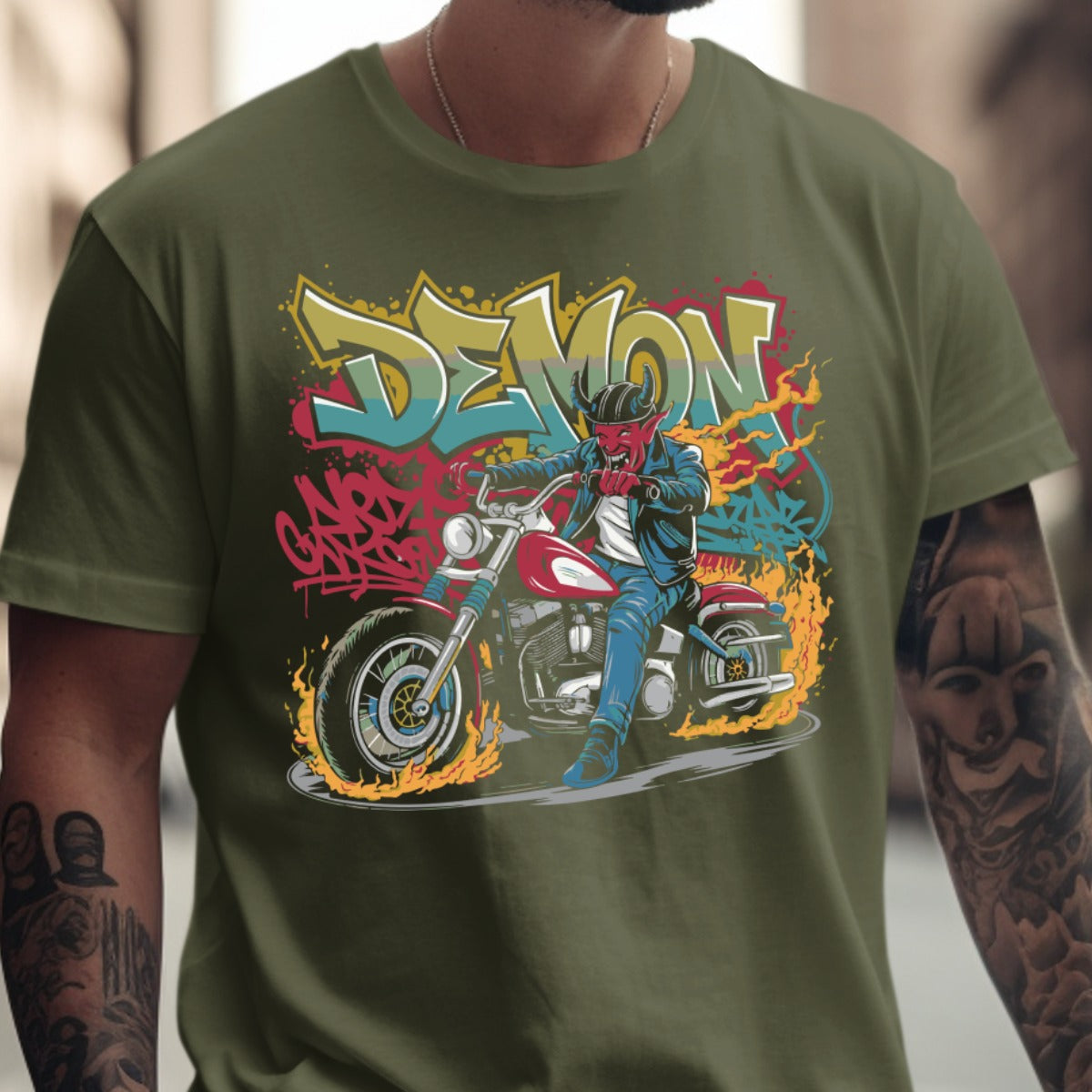Demon Biker Graphic Tee Shirt with Street Art product type