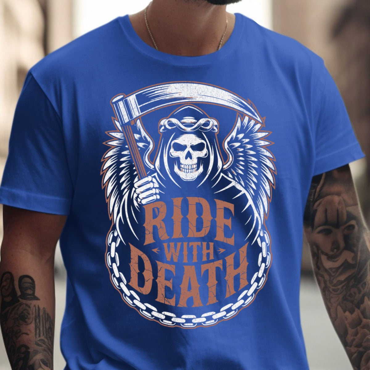 Ride With Death Skull Graphic Blue Shirt product