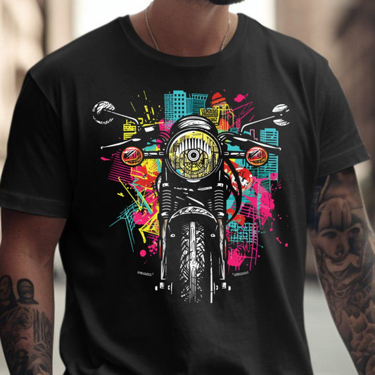 Vibrant Urban Motorcycle Graphic Black Shirt product type