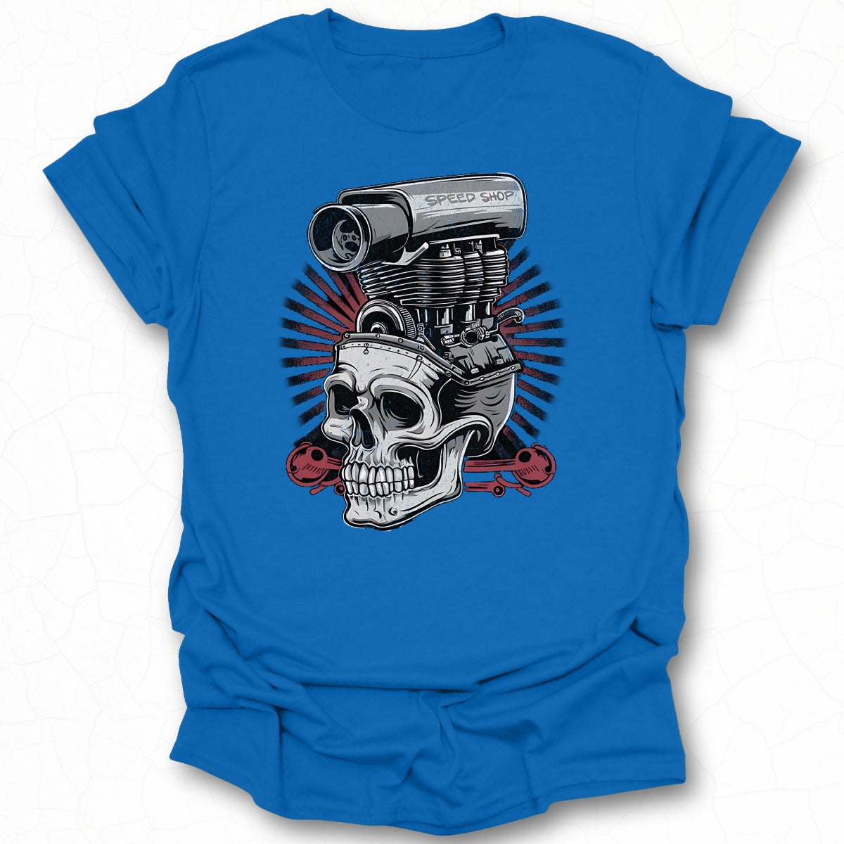Blue T-Shirt with Engine Skull Design Graphic Print