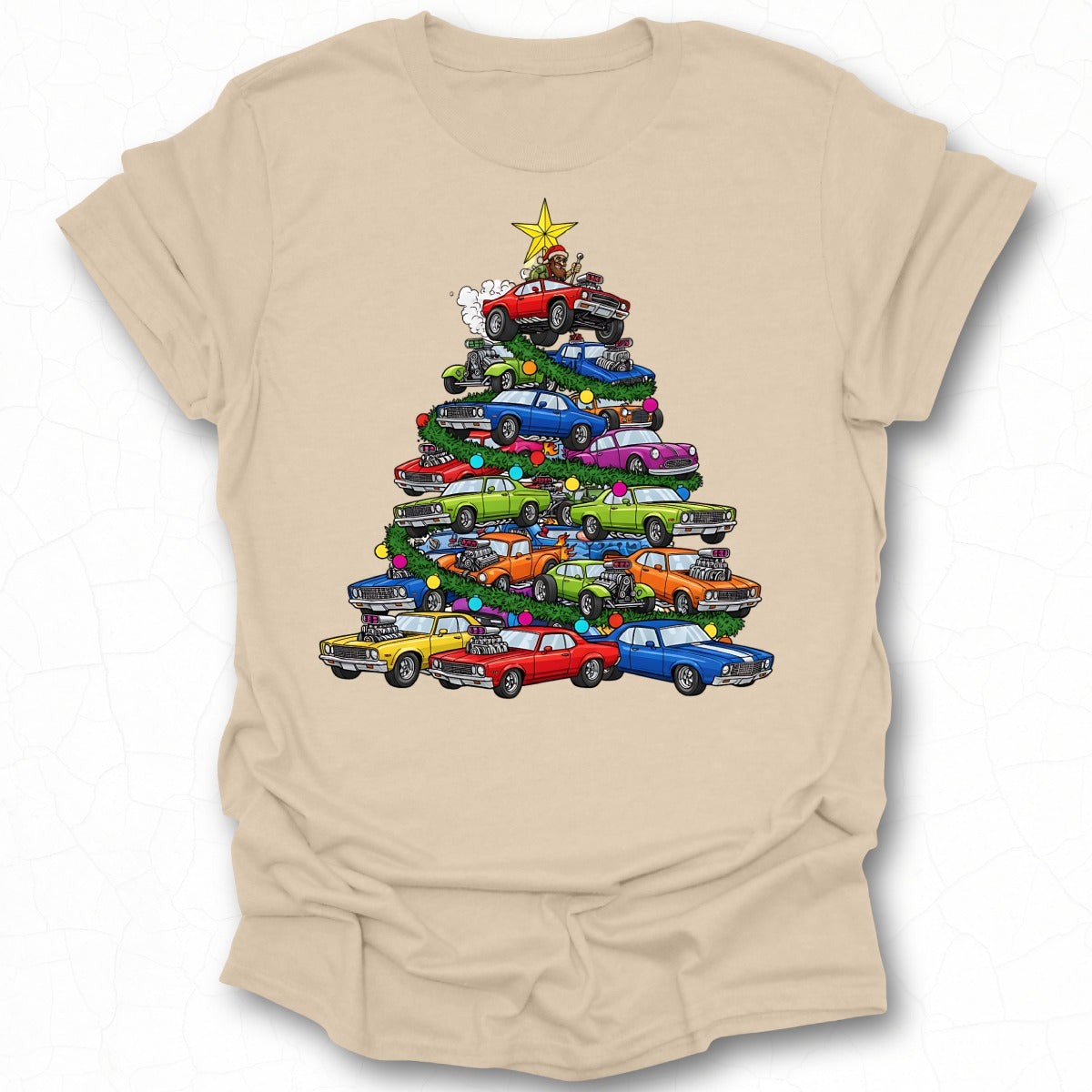 Festive Car Tree Graphic Tee with Colorful Cars Design