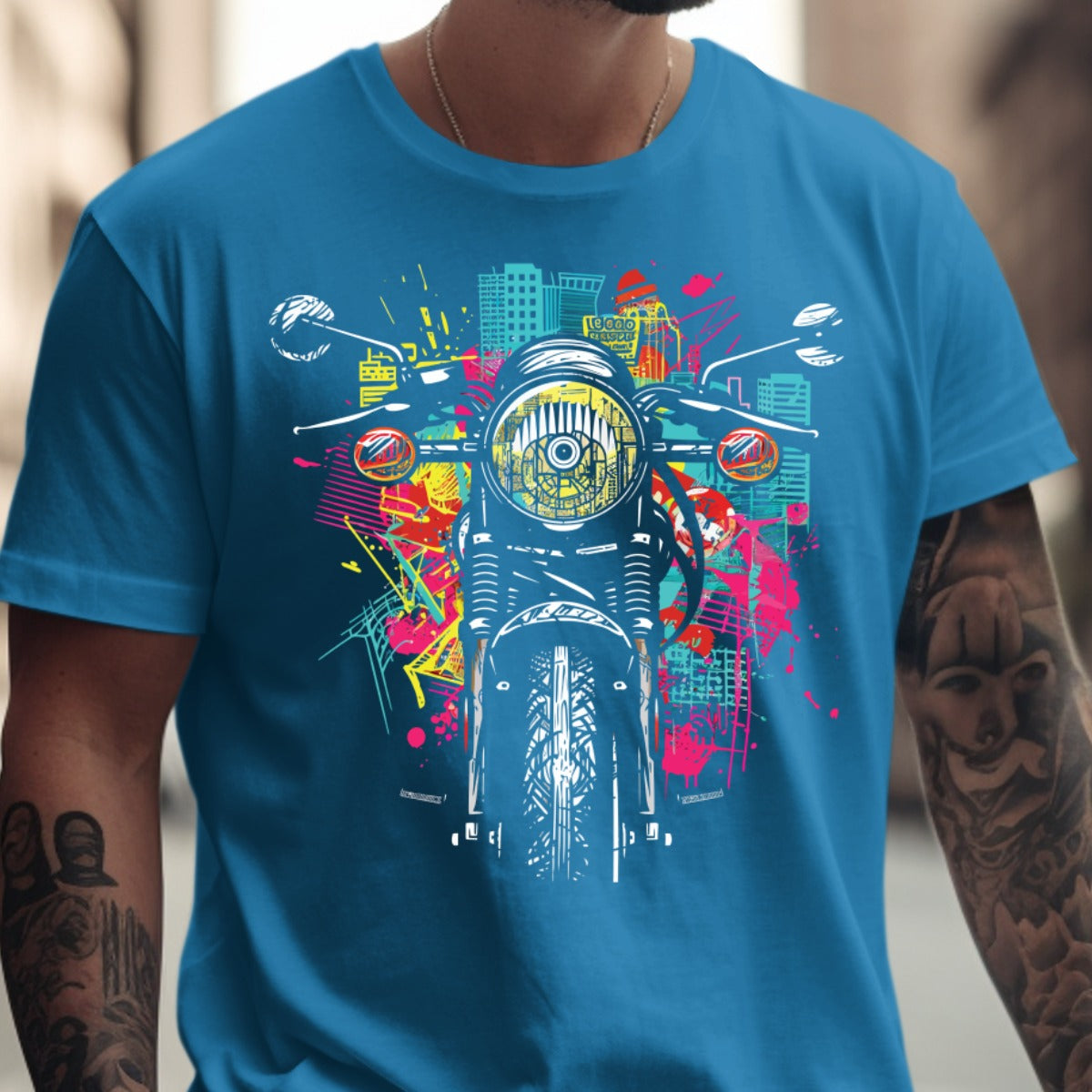 Vibrant City Motorcycle Graphic on Blue TShirt Product