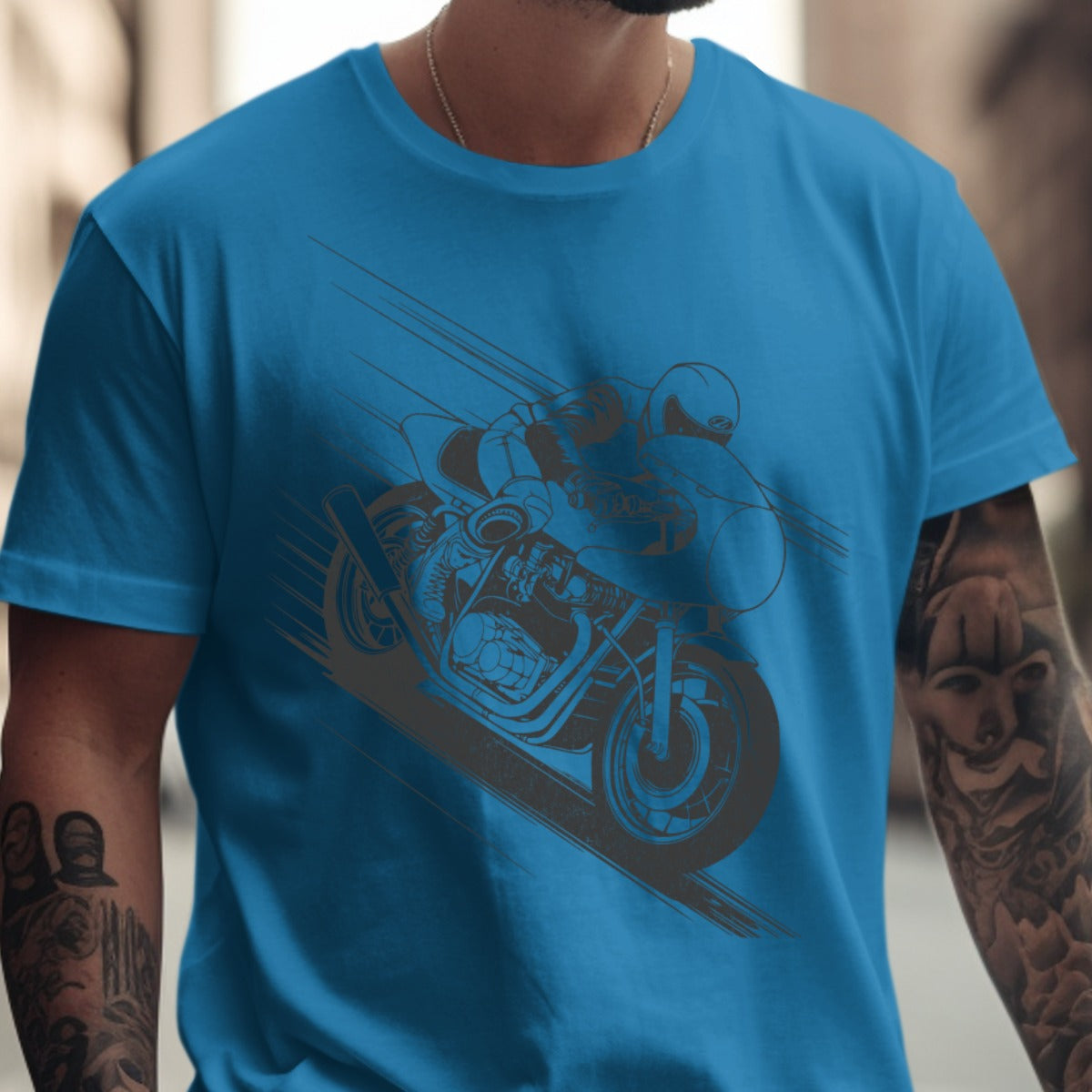 Blue T-Shirt with Bold Motorcycle Graphic product