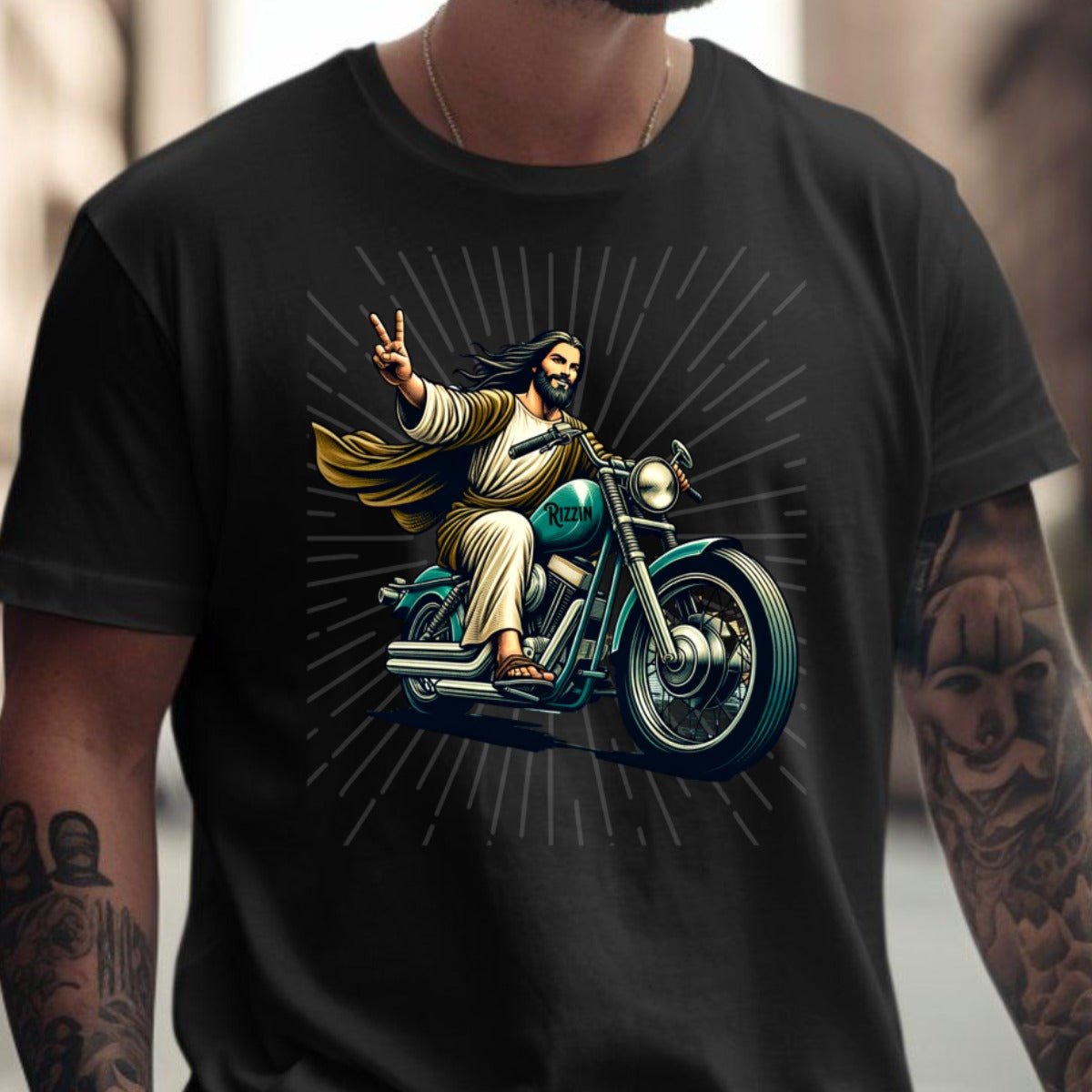 Jesus Riding Motorcycle Graphic Tee Shirt product