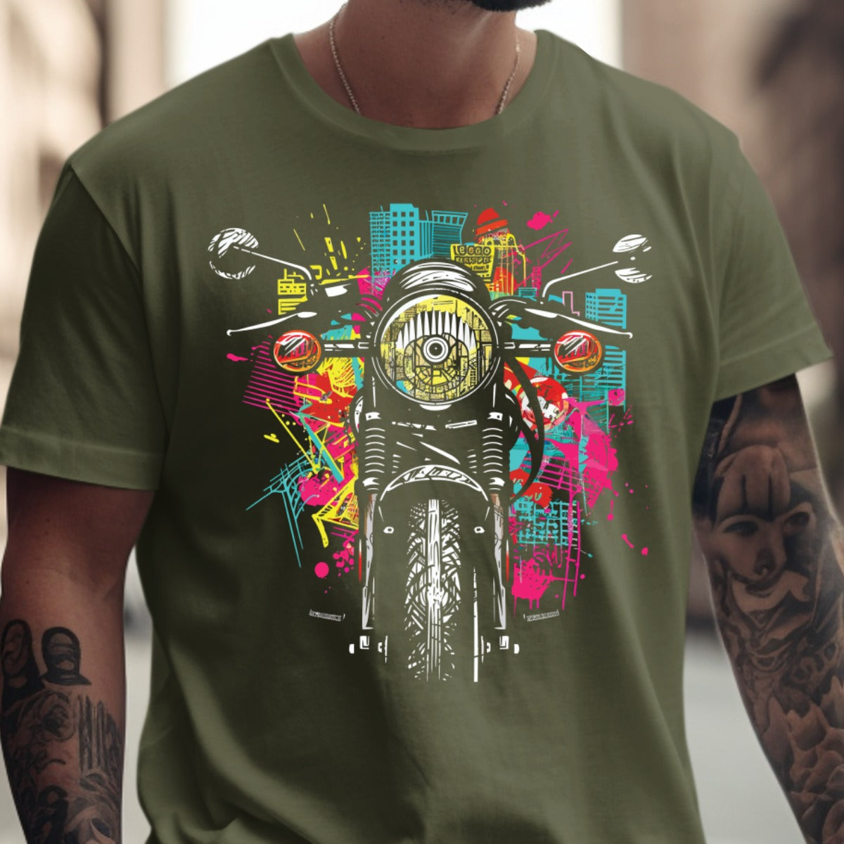 Colorful Urban Motorcycle Art T-Shirt product type