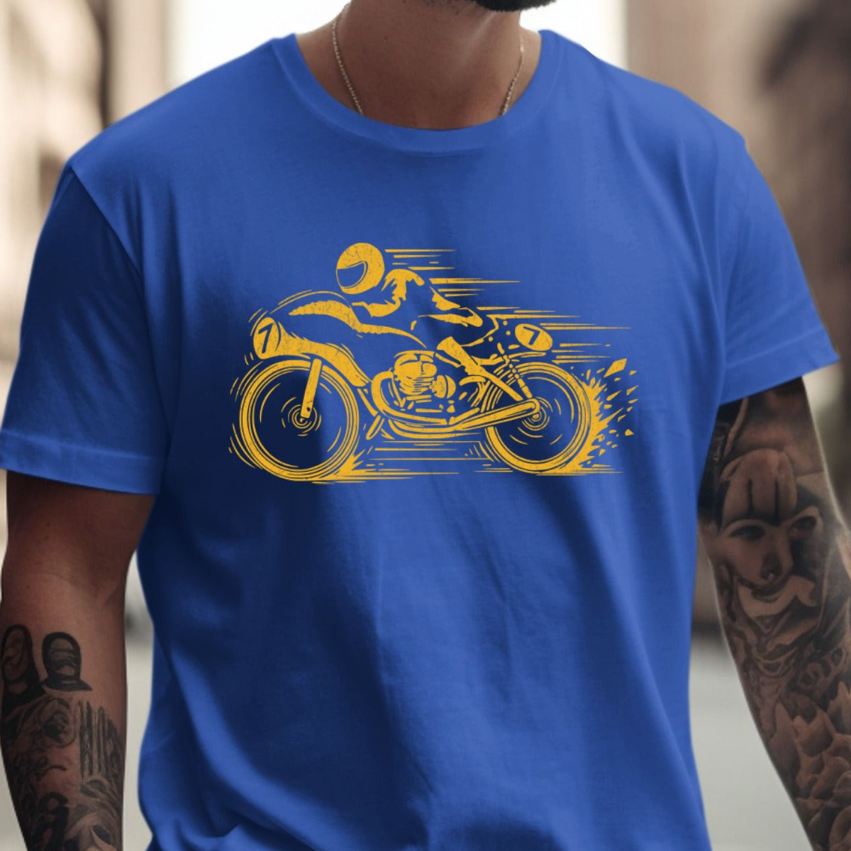 High Speed Motorcycle Design on Blue Shirt product