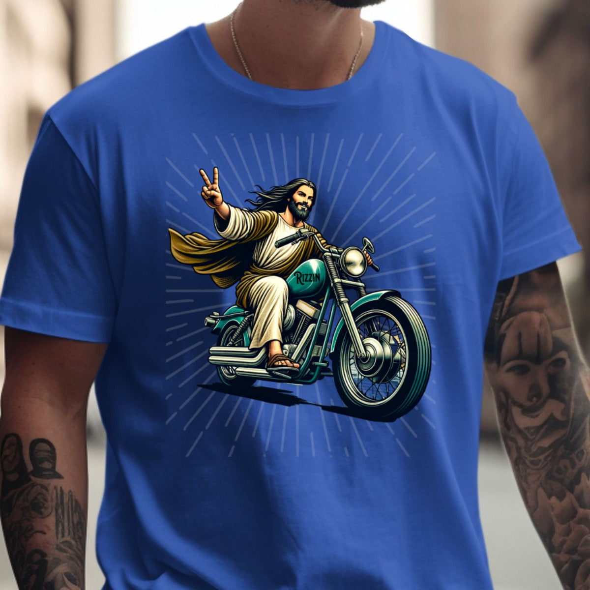 Jesus Riding Motorcycle Dark Blue Graphic T-Shirt product
