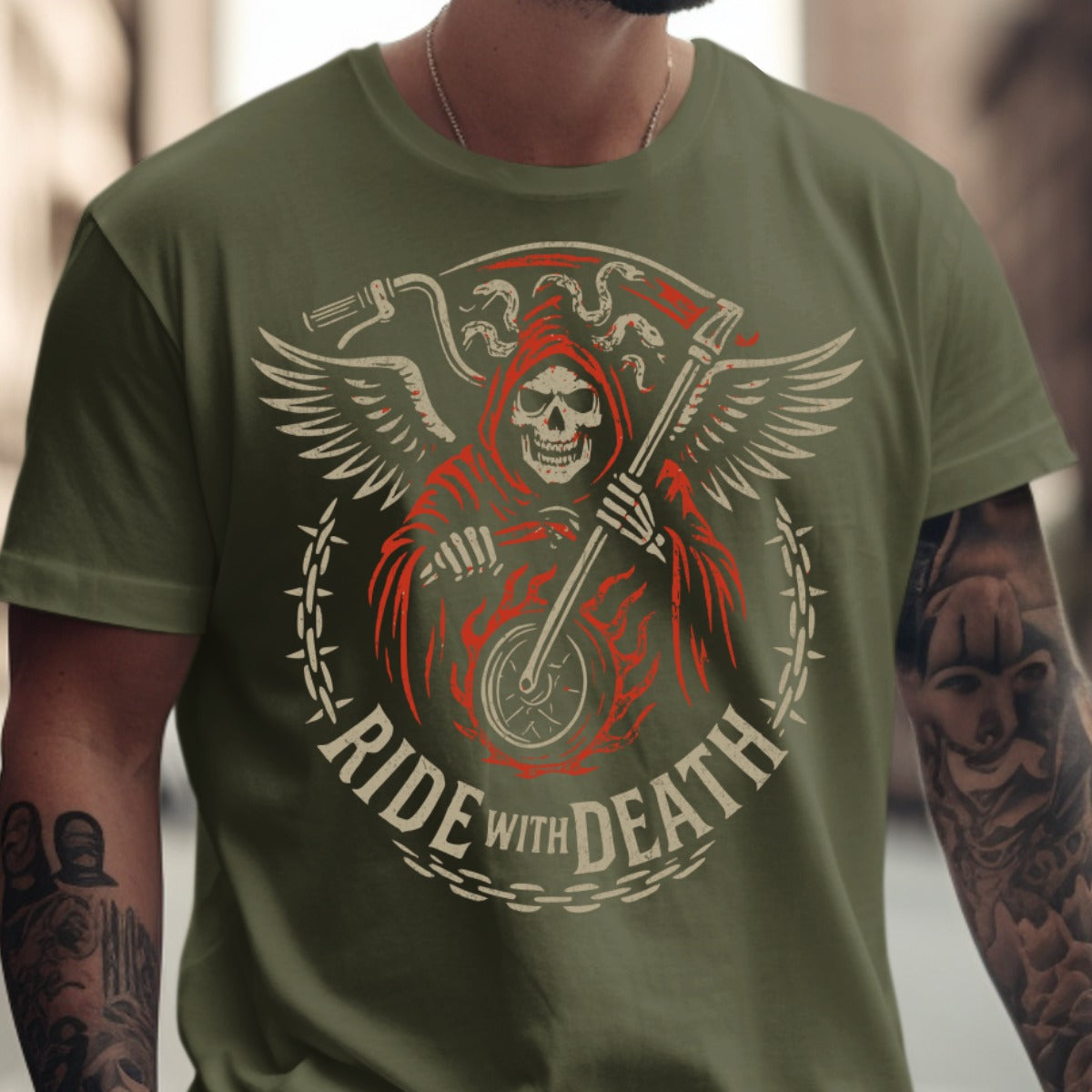 Ride with Death Grim Reaper Biker Graphic T-Shirt Product