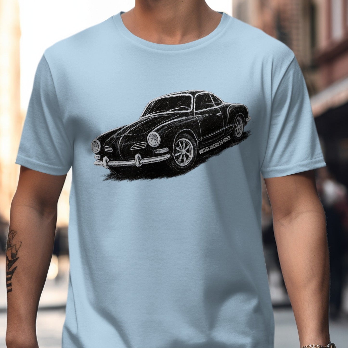 Classic Car Design on Light Blue T-Shirt Product