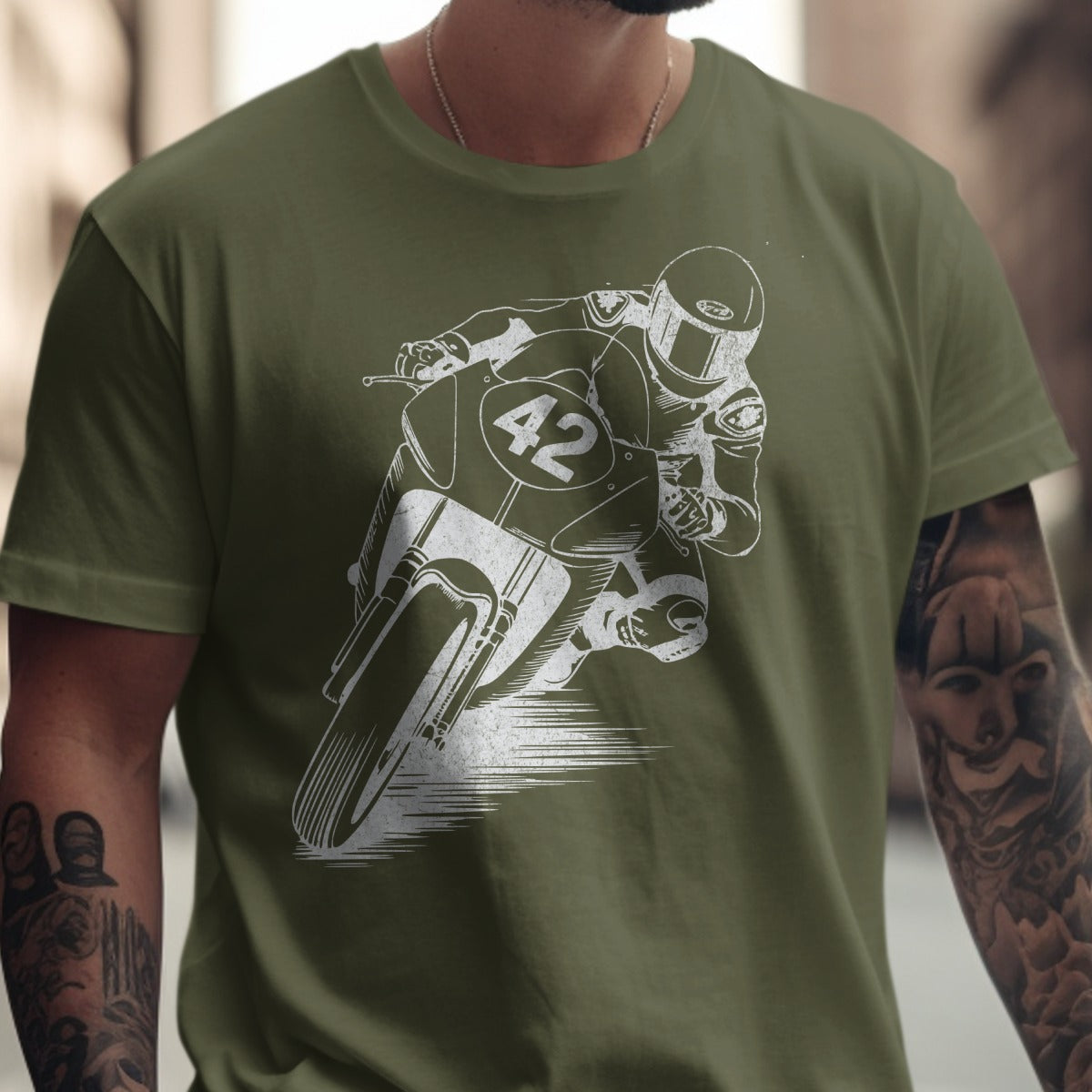 Motorcyclist Graphic Design Olive T-shirt Product Type