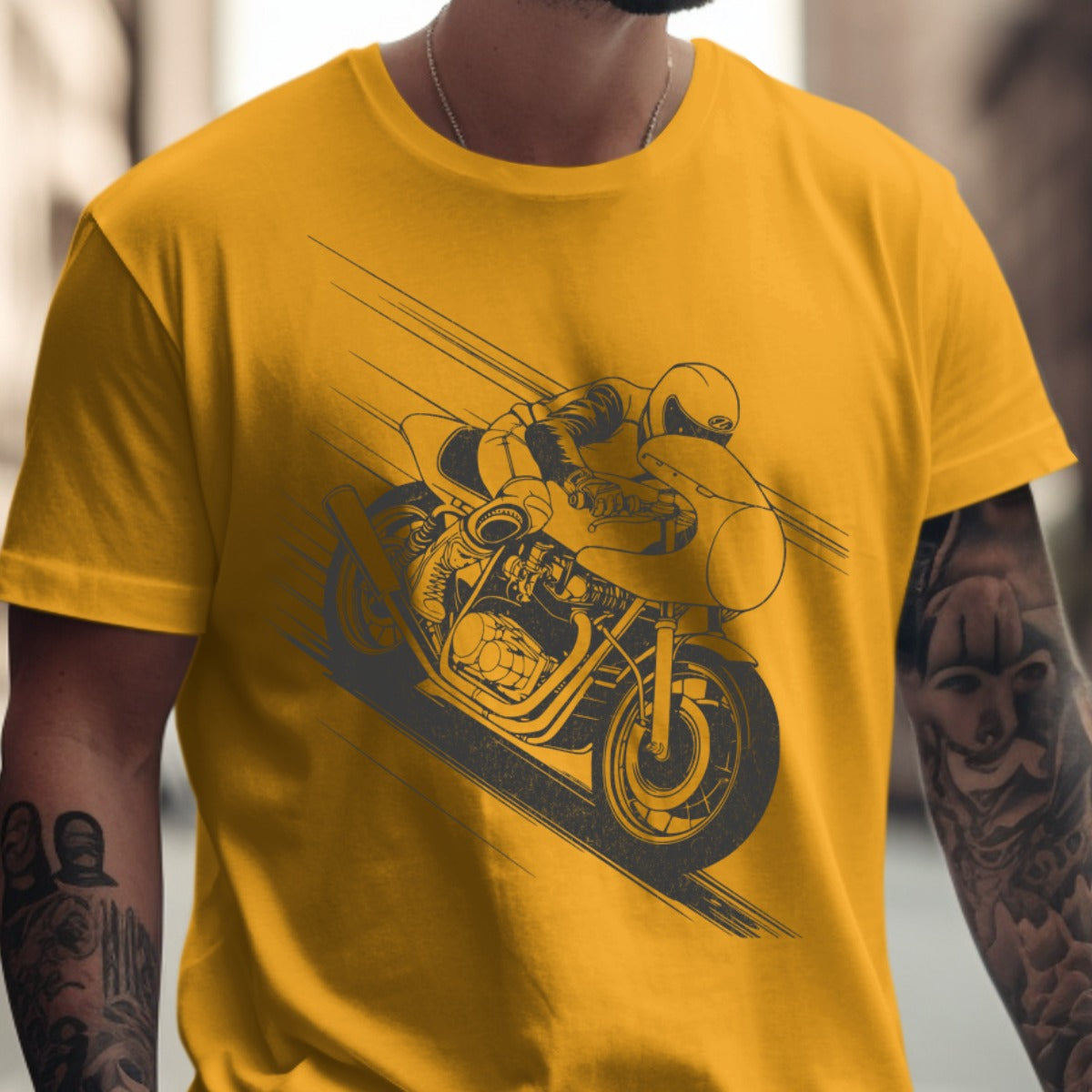 Bold Yellow Tee Featuring Speeding Motorcycle Design product type