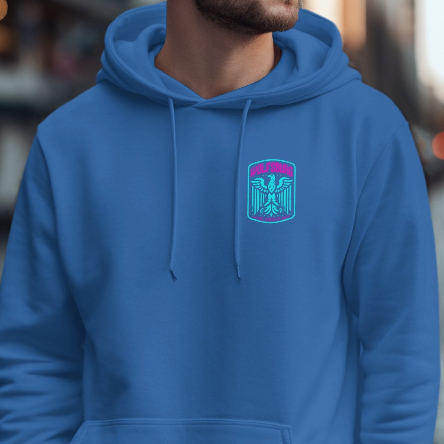 Stylish blue hoodie with unique logo design product