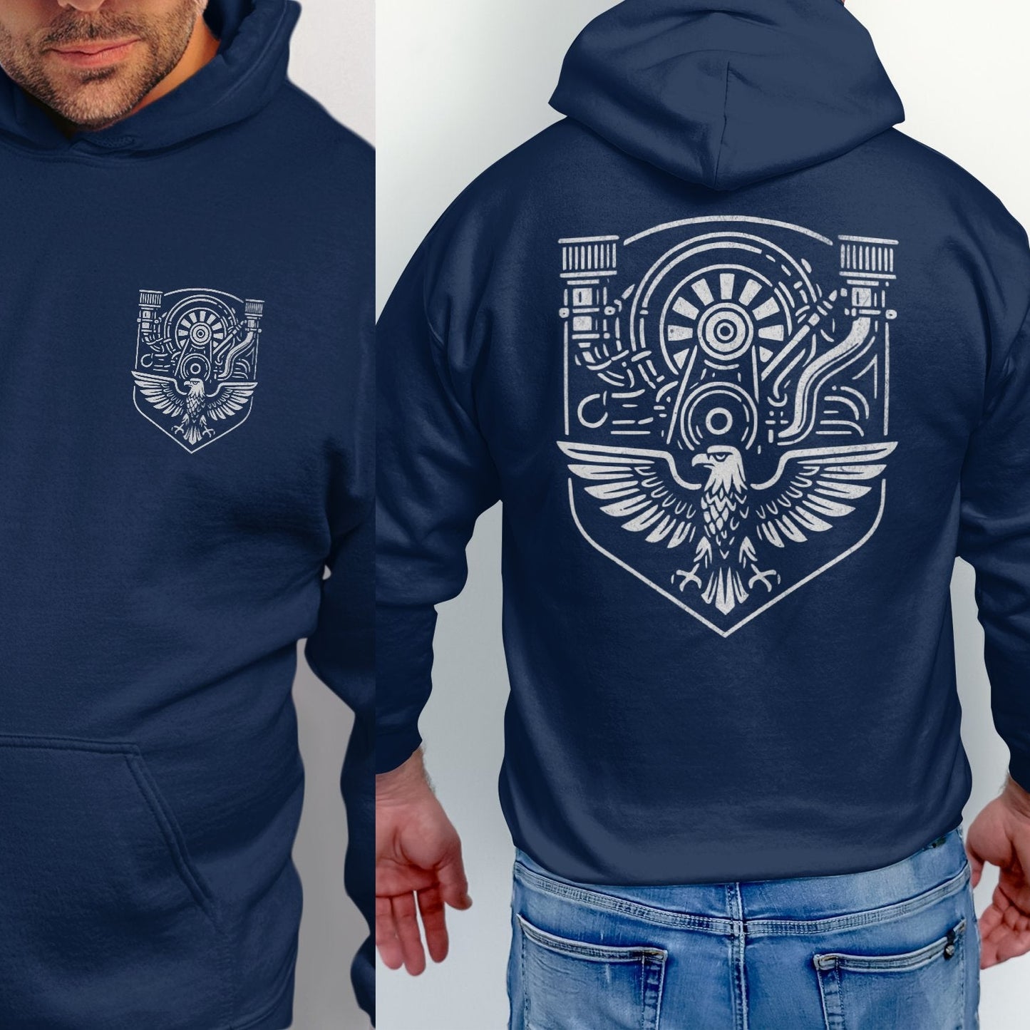 Blue Hoodie with an Intricate Engine Design product type